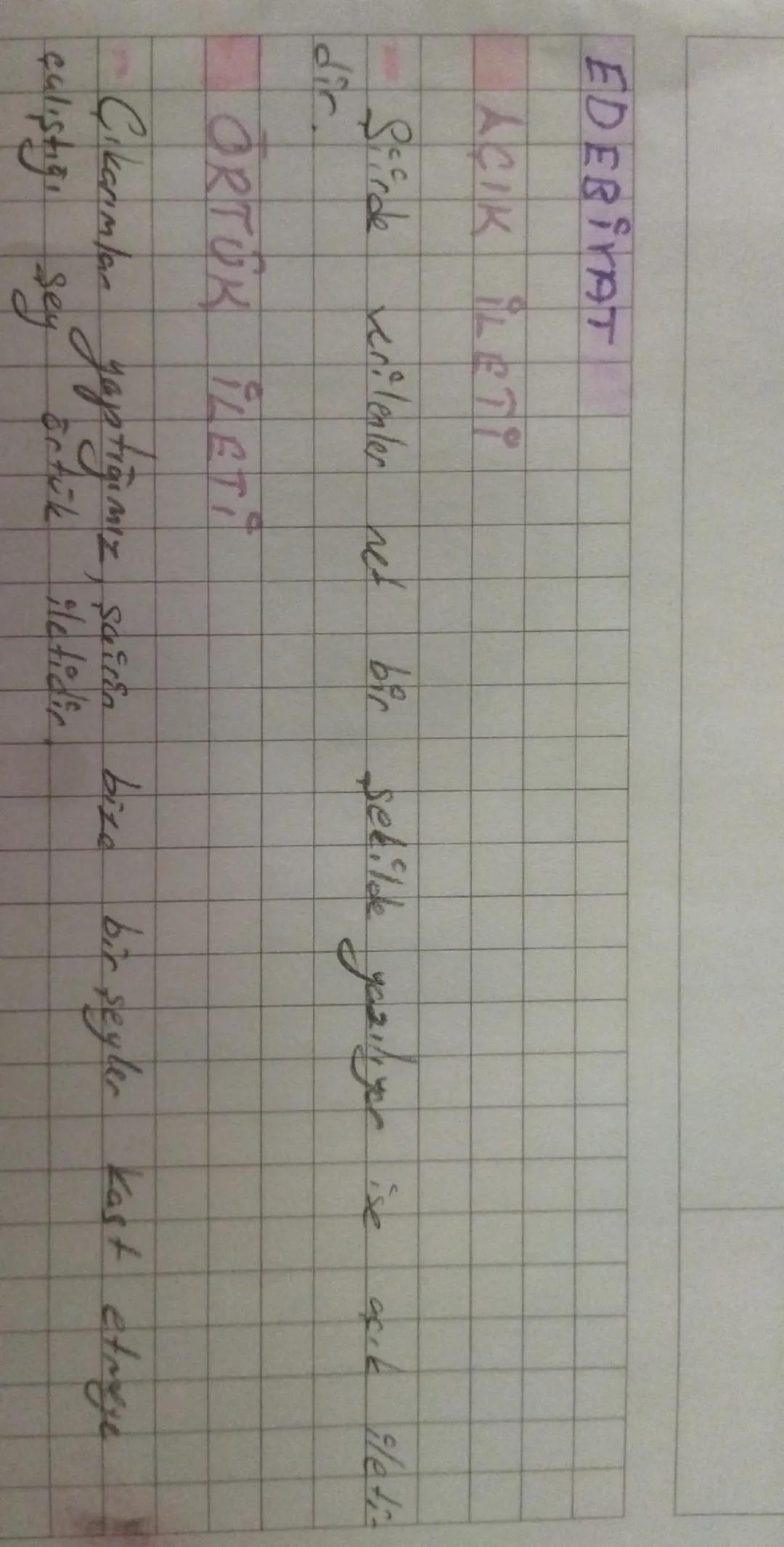 EDEBİYAT

AÇIK İLETİ

Şiirde verilenler net bir şekilde yazılıyor ise açık ileti.

ÖRTÜK İLETİ

Çıkarımlar yaptığımız, şairin bize bir şeyle