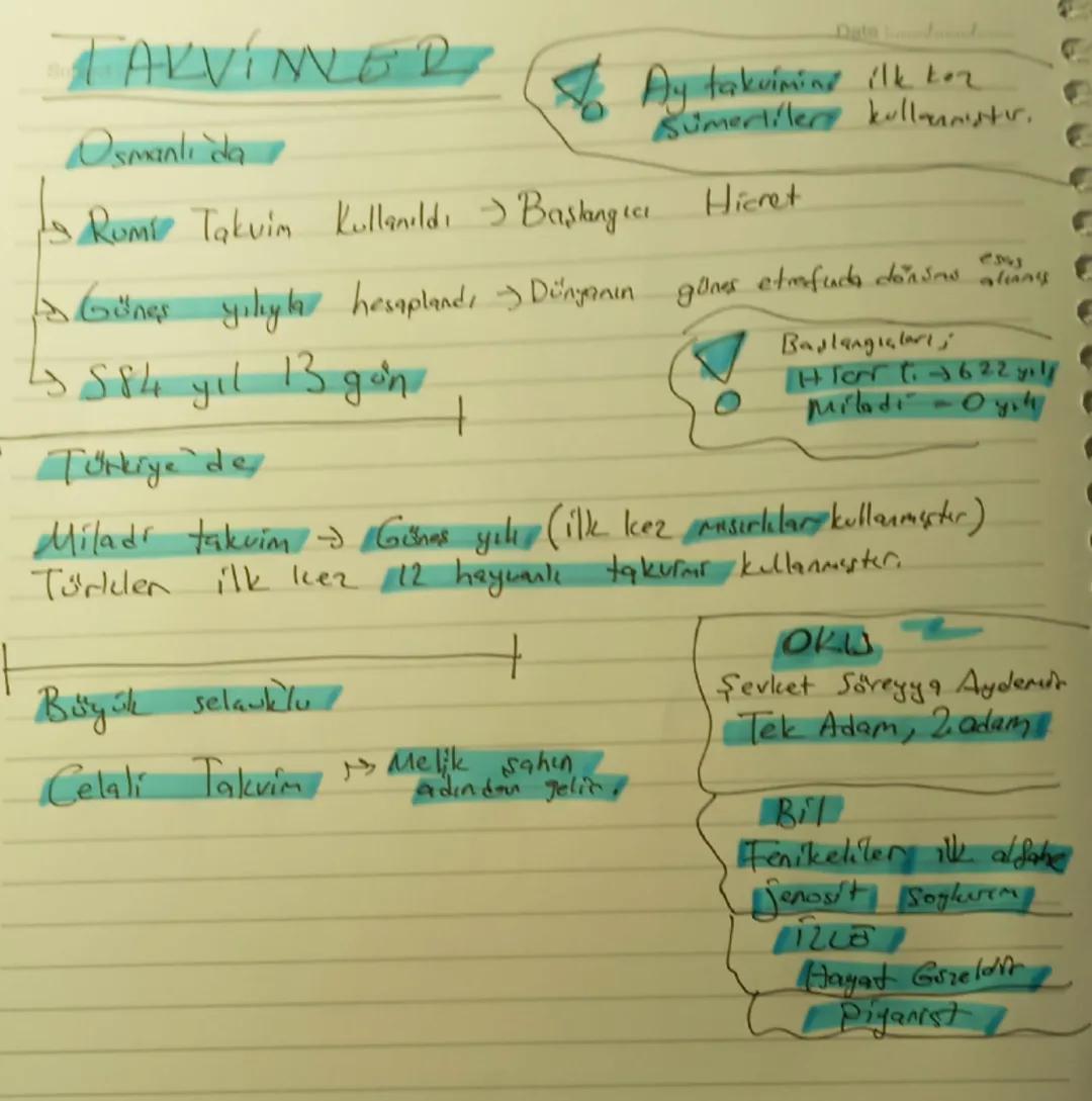 Date
# TAKVİMLER

Osmanlı da

Ay takımının ilk kez
Sümertiler kullanmıştır.

*   Rumi Takvim Kullanıldı $\rightarrow$ Başlangıcı Hicret
*   