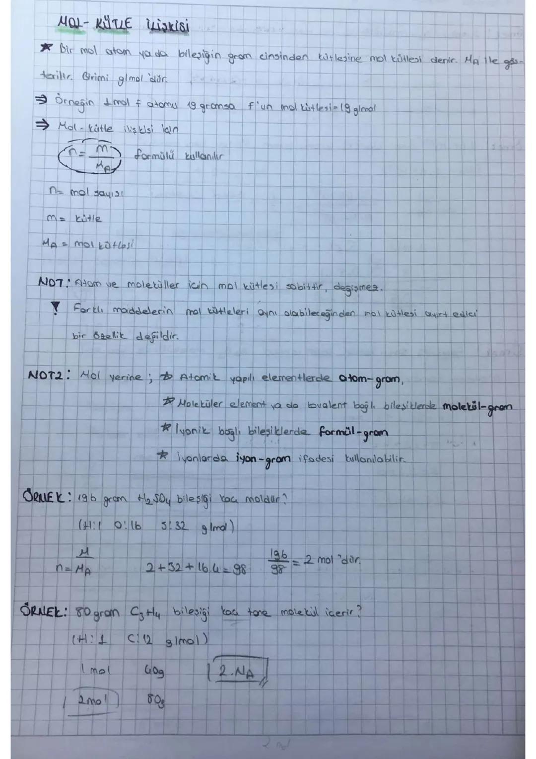 MOL- KÜTLE
Liskisi
bir mol atom ya da bileşiğin gram cinsinden kitlesine mol kütlesi denir. MA ile gos-
terilir. Birimi glmal dür
⇒ Orneğin 