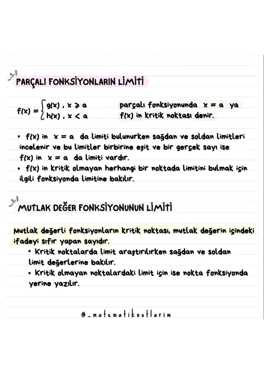 SÜREKLİLİK
Bir fonksiyonun x = a noktasında sürekli olması için
•
•
•
f nin xa da tanımlı olması gerekir.
f nin xa da limiti olmalıdır.
Lima