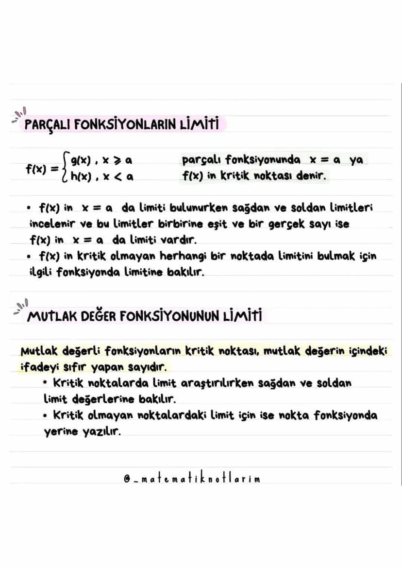 SÜREKLİLİK
Bir fonksiyonun x = a noktasında sürekli olması için
•
•
•
f nin xa da tanımlı olması gerekir.
f nin xa da limiti olmalıdır.
Lima