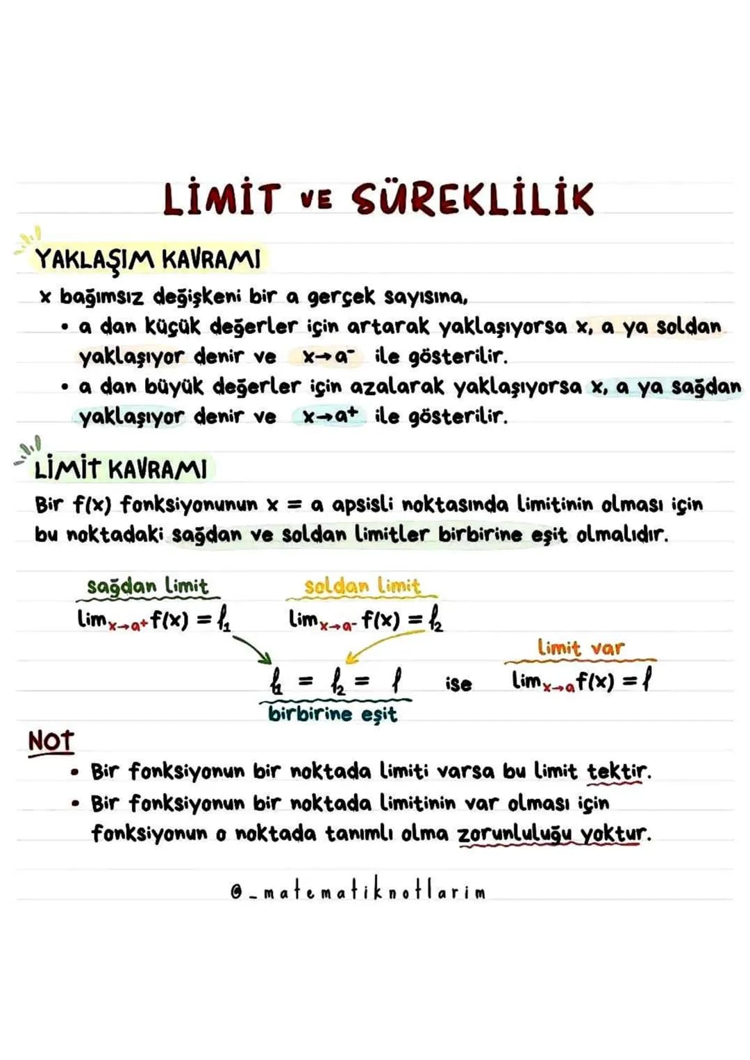 SÜREKLİLİK
Bir fonksiyonun x = a noktasında sürekli olması için
•
•
•
f nin xa da tanımlı olması gerekir.
f nin xa da limiti olmalıdır.
Lima