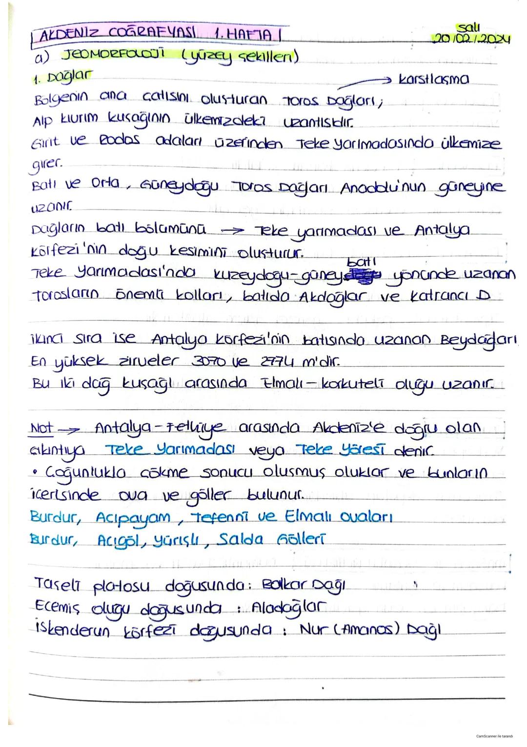 I AKDENİZ COĞRAFYASI 1. HAFTAL
a) JEOMORFOLOJİ (yüzey sekillen)
1. Dağlar
Bolgenin ana çatısını oluşturan toros Dağları;
Alp kiurim kusağını