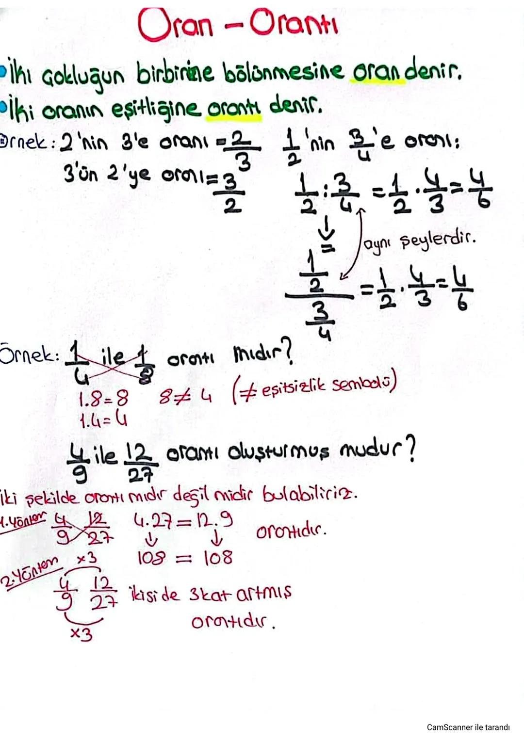 # Oran - Orantı

İkı çokluğun birbirine bölünmesine oran denir.
İki oranın eşitliğine orantı denir.
Brnek: 2 'nin 3'e oranı $\frac{2}{3}$ $\