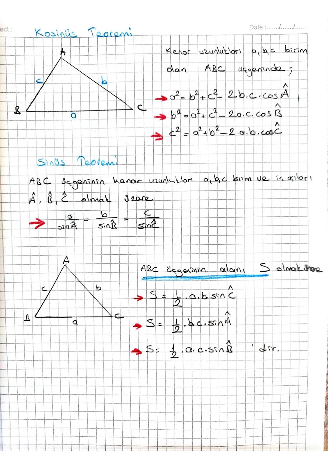 rect:
Kosinus Teoremi,
B
J
10
D
Date :................
Kenor uzunlukları a, b, c birim
dan
ABC uegeninde;
>a² = b²+c² 2b.c. CosÂ
111
J
A
b² 