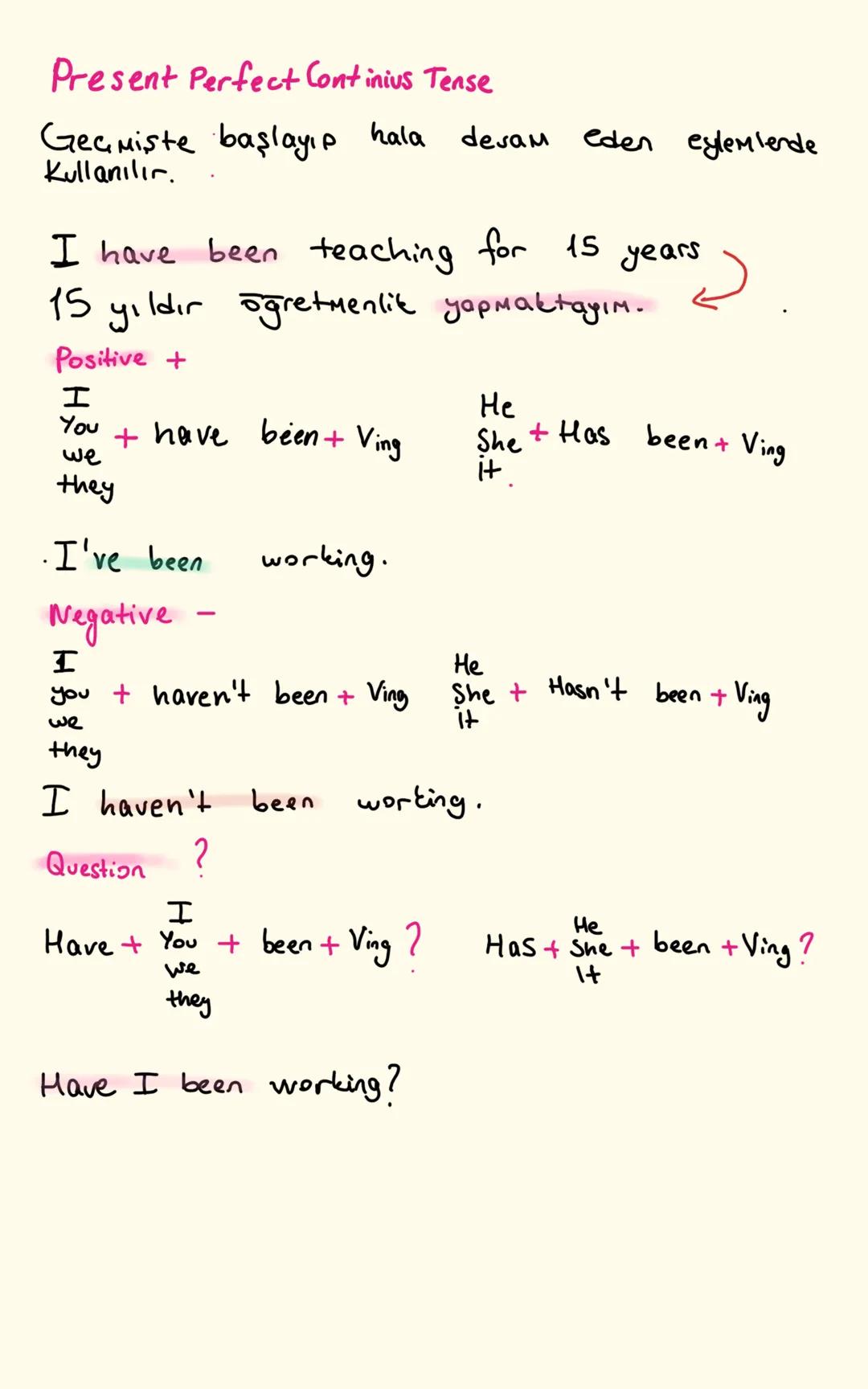 Present Perfect Continius Tense
Gecmiste başlayıp hala desam
hala devam eden eylemlende
Kullanılır.
I have been teaching for 15 years
15 yıl