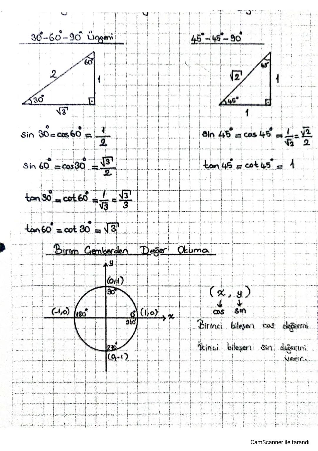 30-60-90 Lageni
30°
Sin 30°=cos 60°
Sin 60 = cos 30
11
#1-
2
714-59
45-45-90
tan 30 cot 60
√3
tan 60 = cot 30 = 3
Birim Gemberden Değer Okum