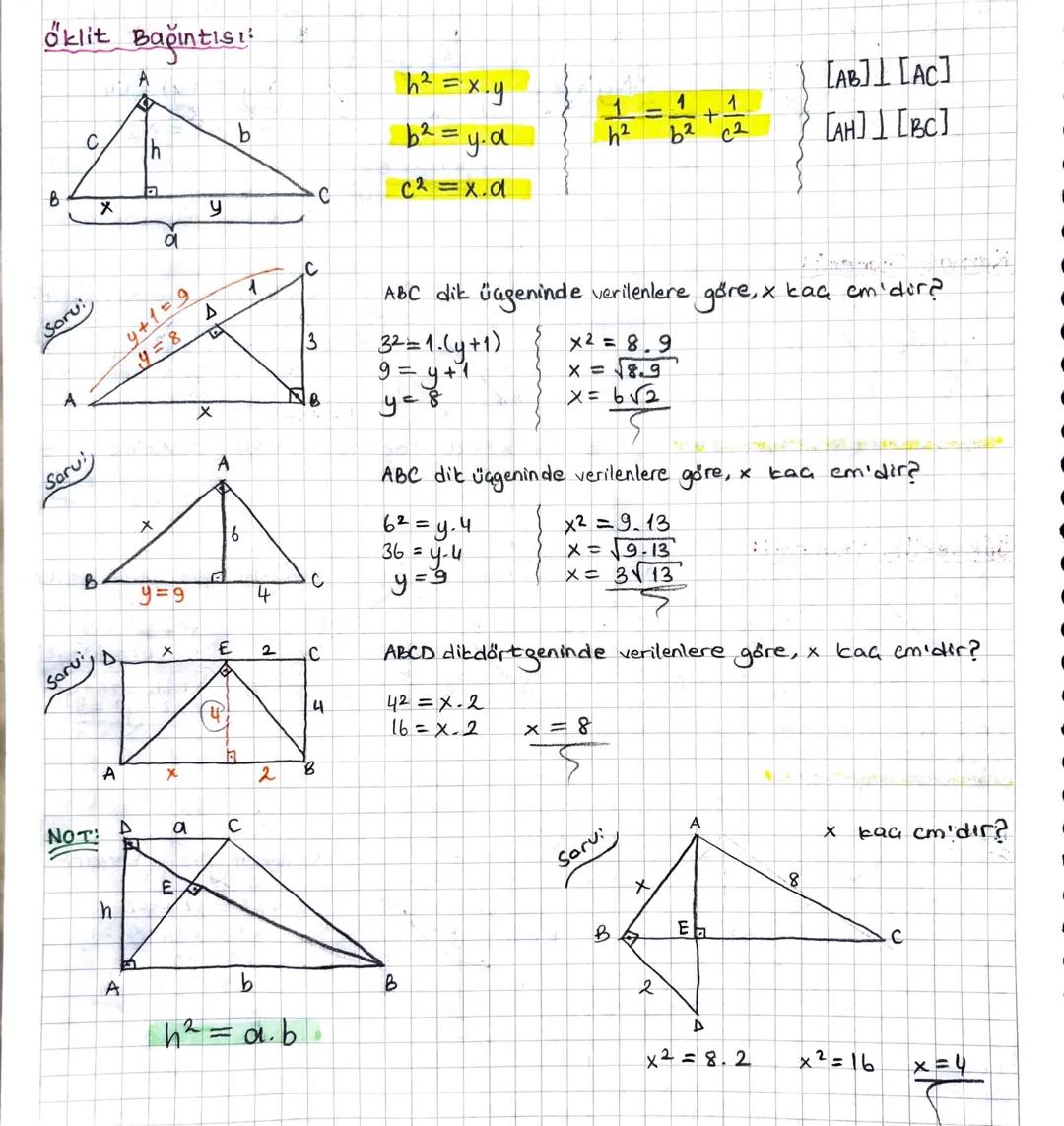 oklit Bağıntısı:
C
th
B
x
D
a
y
Soru:
A
Saru
Soru
4+1=9
y=8
Δ
D
A
x
b
1
C
B
C
y=9
4
D
x
E
2
C
A
A
×
2
B
D
NOT
a
C
E
h
A
b
h² = α.b
4.
h²=x.y