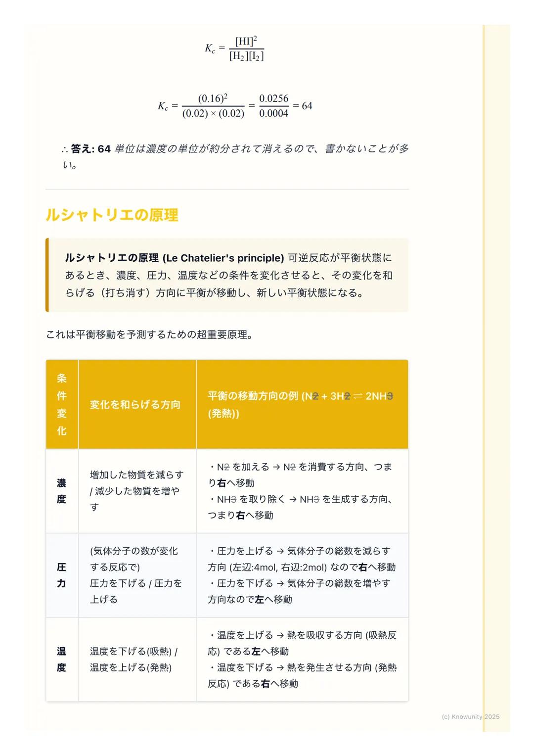 # 化学平衡

化学平衡とは

化学反応の中には、反応物から生成物へ一方向に進むだけでなく、生成物から反
応物へ戻る反応も同時に起こるものがある。これを可逆反応という。

化学平衡は、この可逆反応において、見た目上は反応が停止しているように見え
るが、実際には正反応と逆反応が同じ