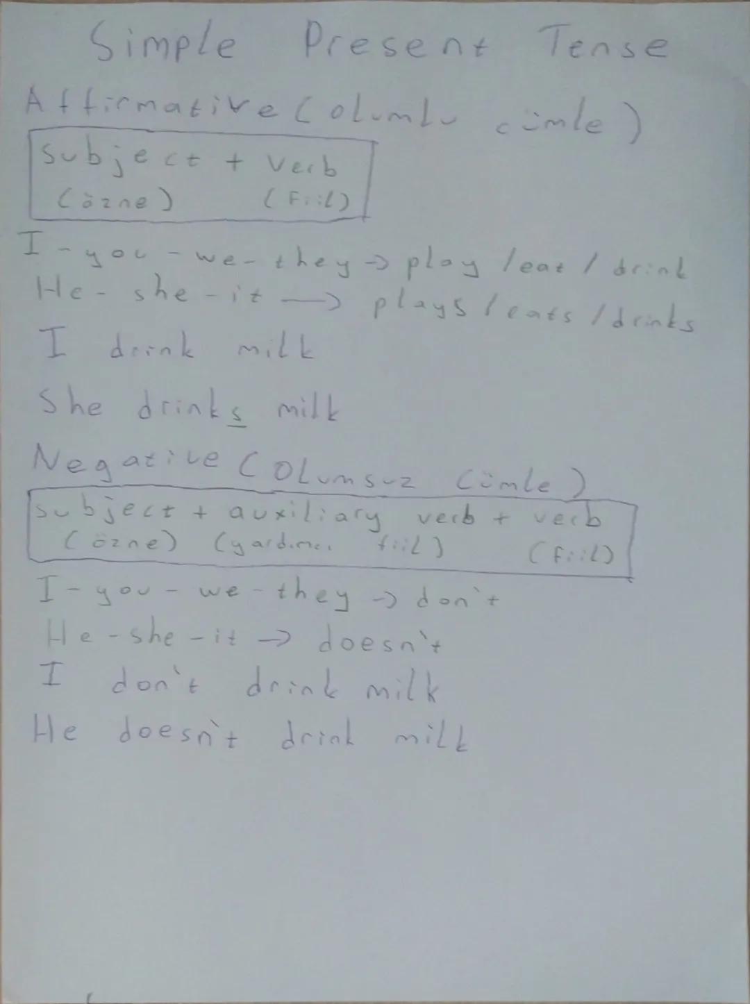 Simple Present Tense
Affirmative Columlu cümle )
Subject + Verb
(özne)
(F)
I-you-we-they \rightarrow play leat / drink
He-she-it \rightarrow