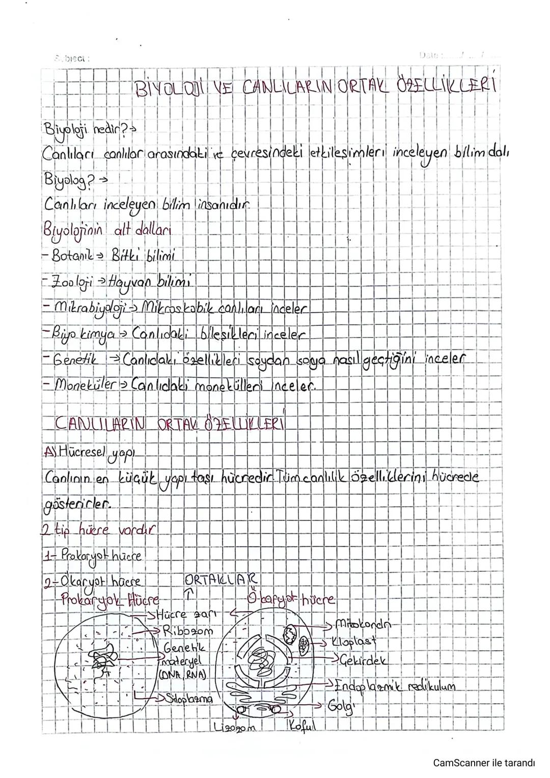 Subiect:
Date:
Biyoloji nedir?
BIYOLOJIVE CANLILARIN ORTAK ÖZELLİKLERT
Canlıları canlılar arasındaki ve cevresindeki etkileşimleri inceleyen