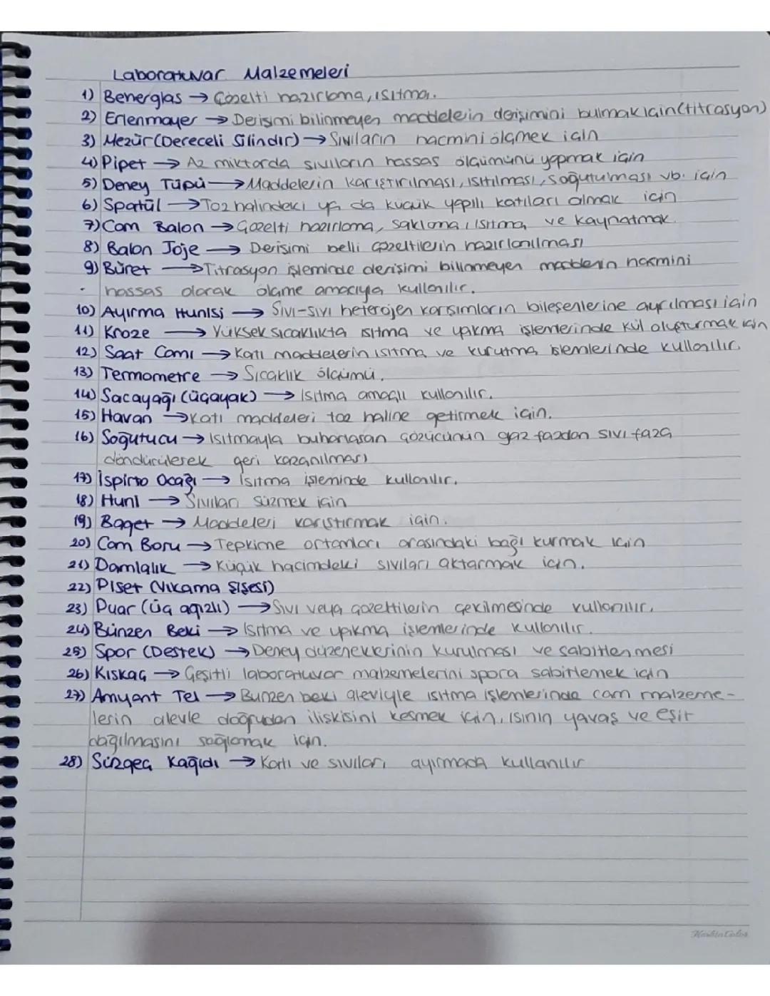 9. SINIF KİMYA LABORATUVAR MALZEMELERİ