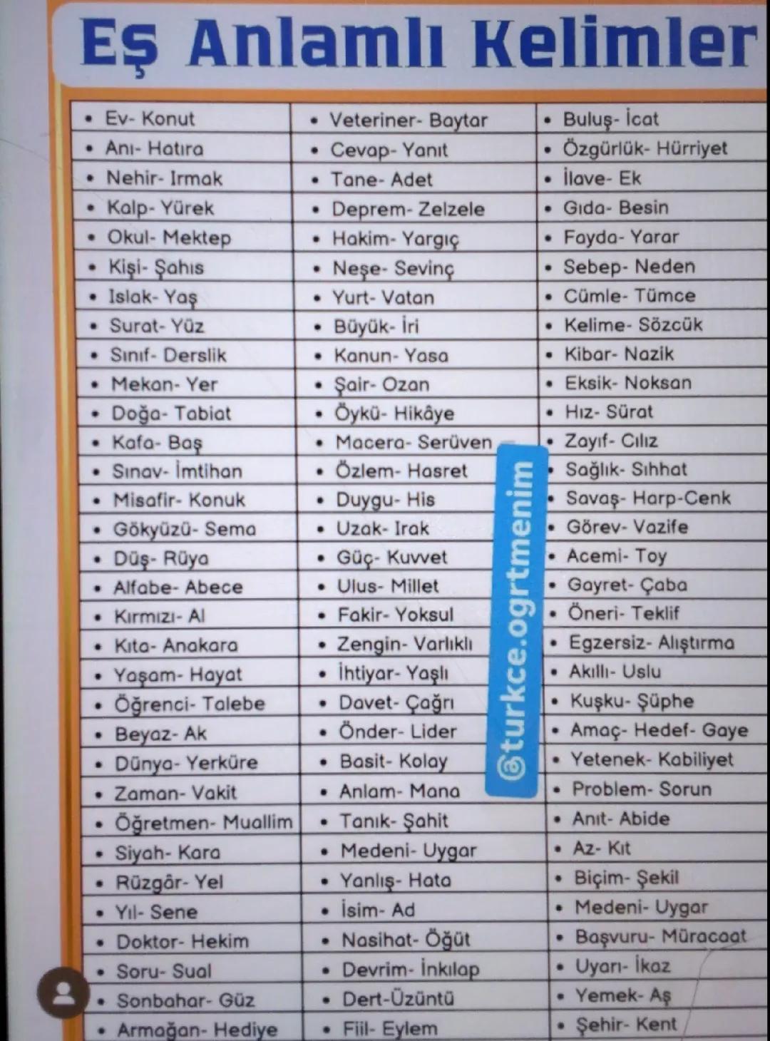 Eş Anlamlı Kelimeler Listesi