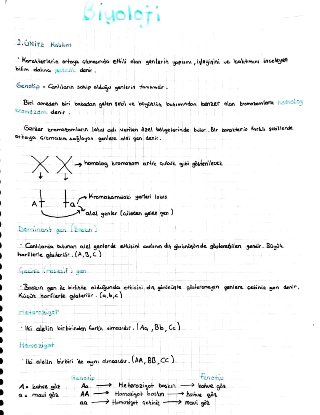 Biyoloji
2.ÚNITE Kalitim
· Karakterlerin ortaya çıkmasında etkili olan genlerin yapısını, işleyişini ve kalıtımını inceleyen
bilim dalına de
