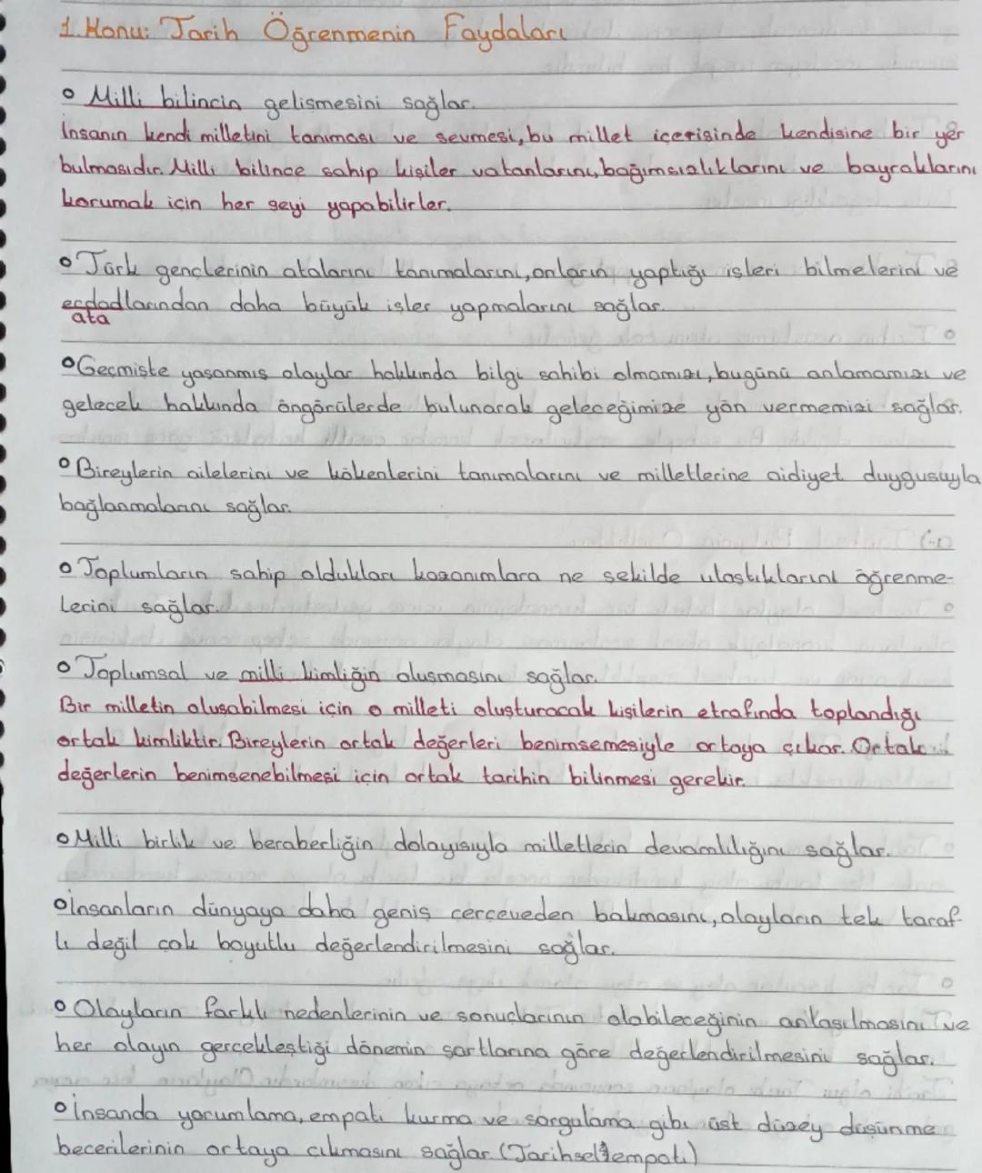 # 1. Konu: Tarih Öğrenmenin Faydaları

• Milli bilincia gelişmesini sağlar.
Insanın kendi milletini tanıması
ve sevmesi, bu millet içerisind