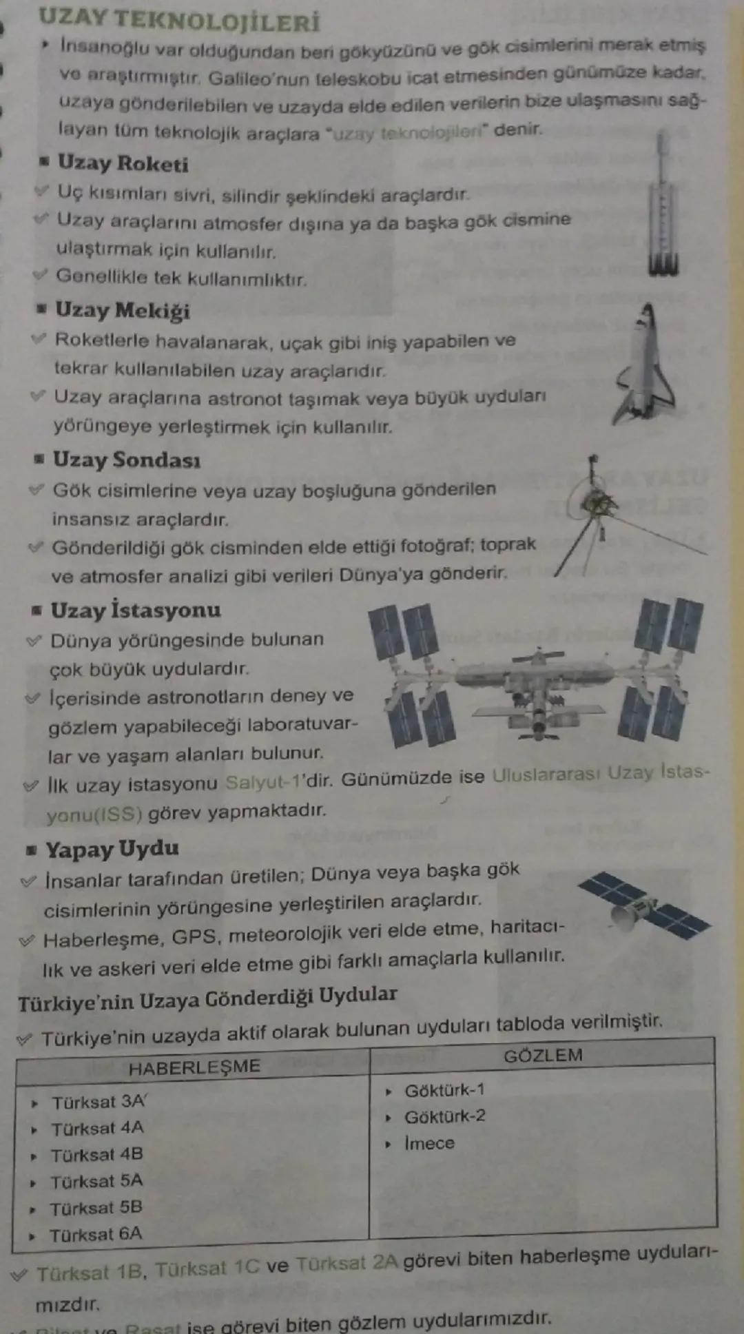 7. Sınıf Fen Bilimleri Uzay Teknolojileri Not