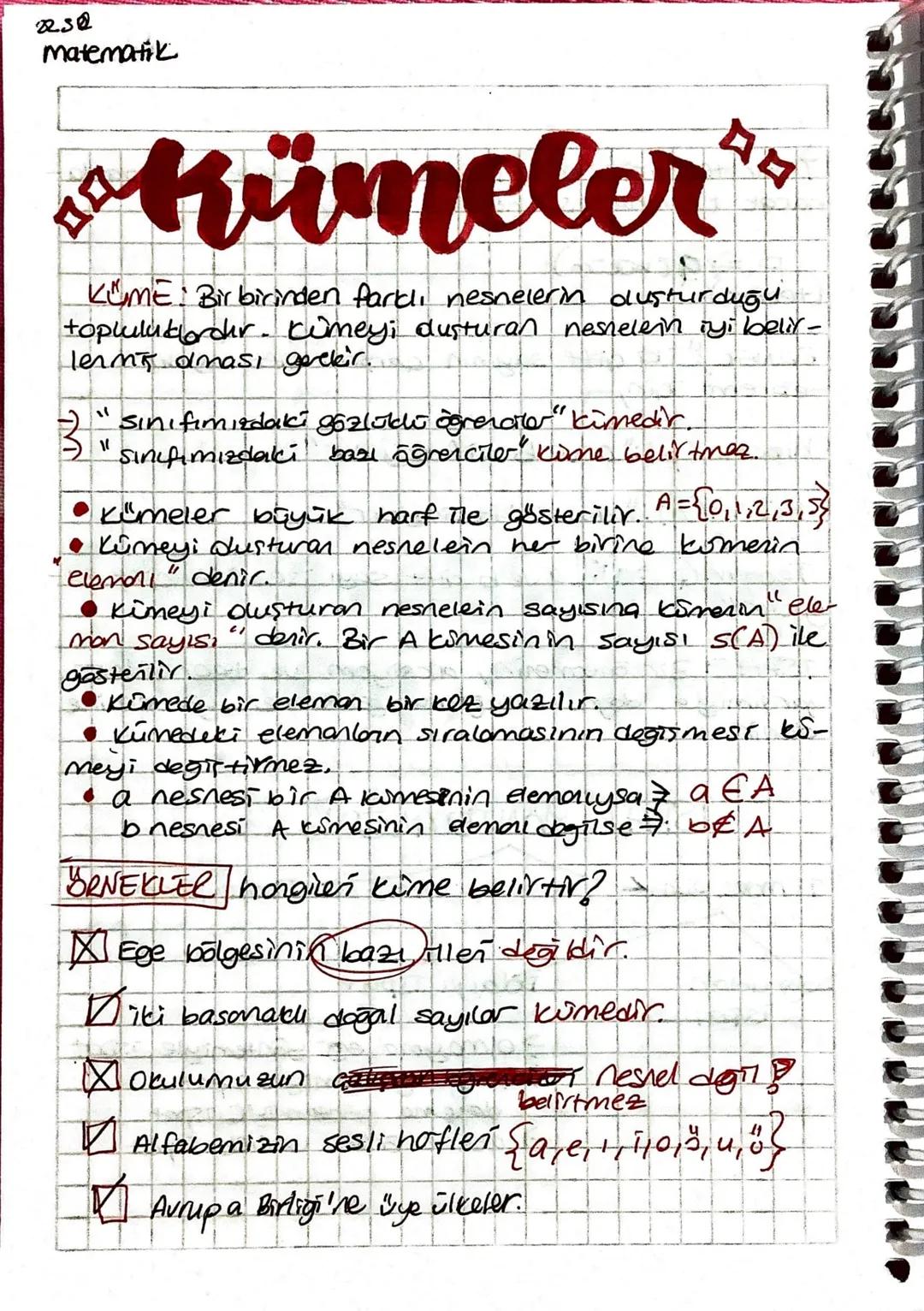 2230
matematik
Krümeler"
KÜME: Bir birinden farklı nesnelerin dusturduğu
topluluklardır. Cumeyi dusturan nesnelerin iyi belir-
Term dlması g