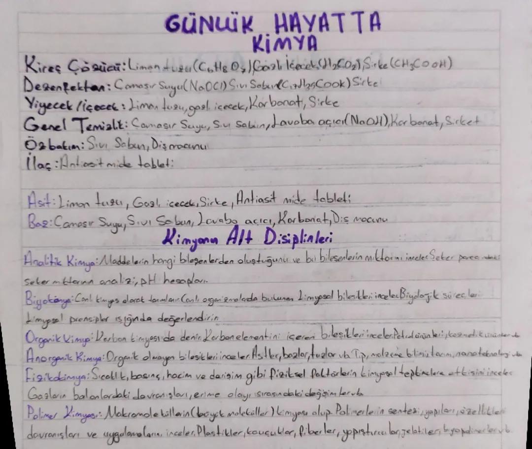 Günlük Hayatta Kimya Ve Kimyanın Alt Disiplinleri Özet