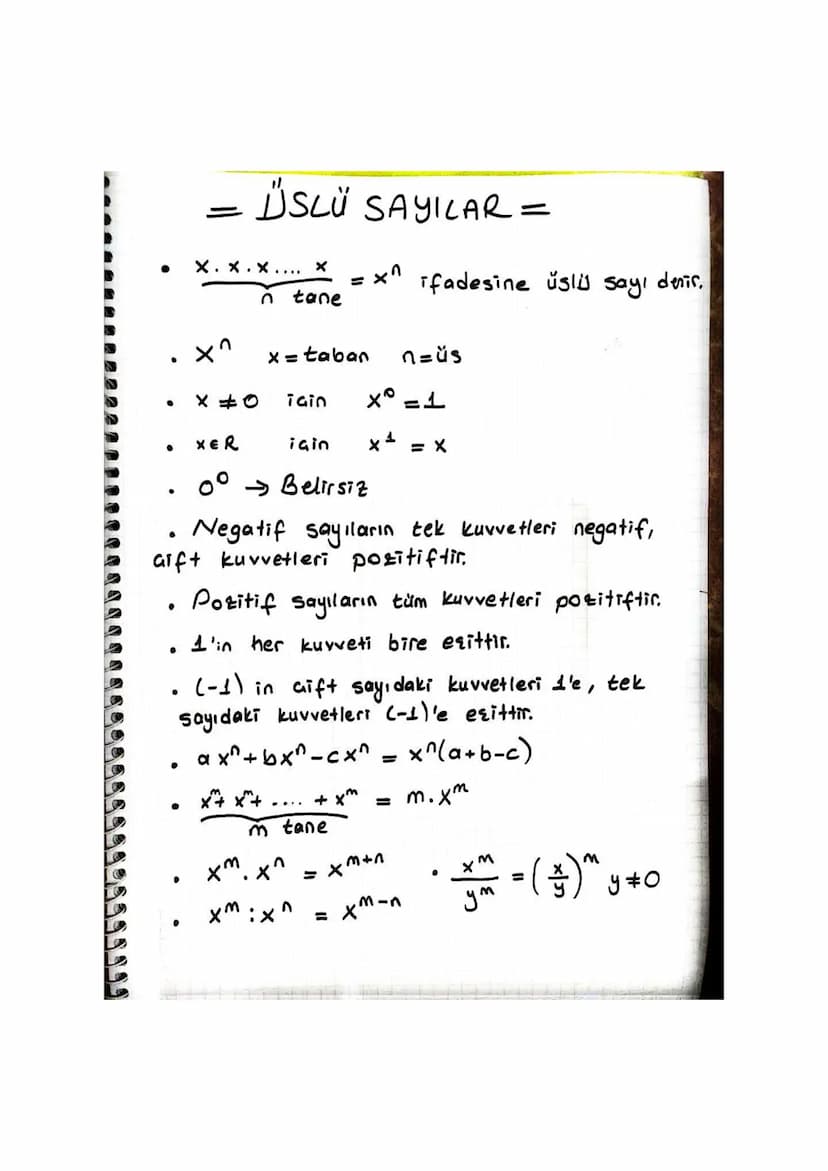=
ÜSLÜ SAYILAR =
· XXX.... x = x^ ifadesine üslü sayı denir.
n tane
•
x^
x = taban
n =üs
·
x = 0 Tain x = 1
•
XER
igin
= ×
0° Belirsiz
Negat