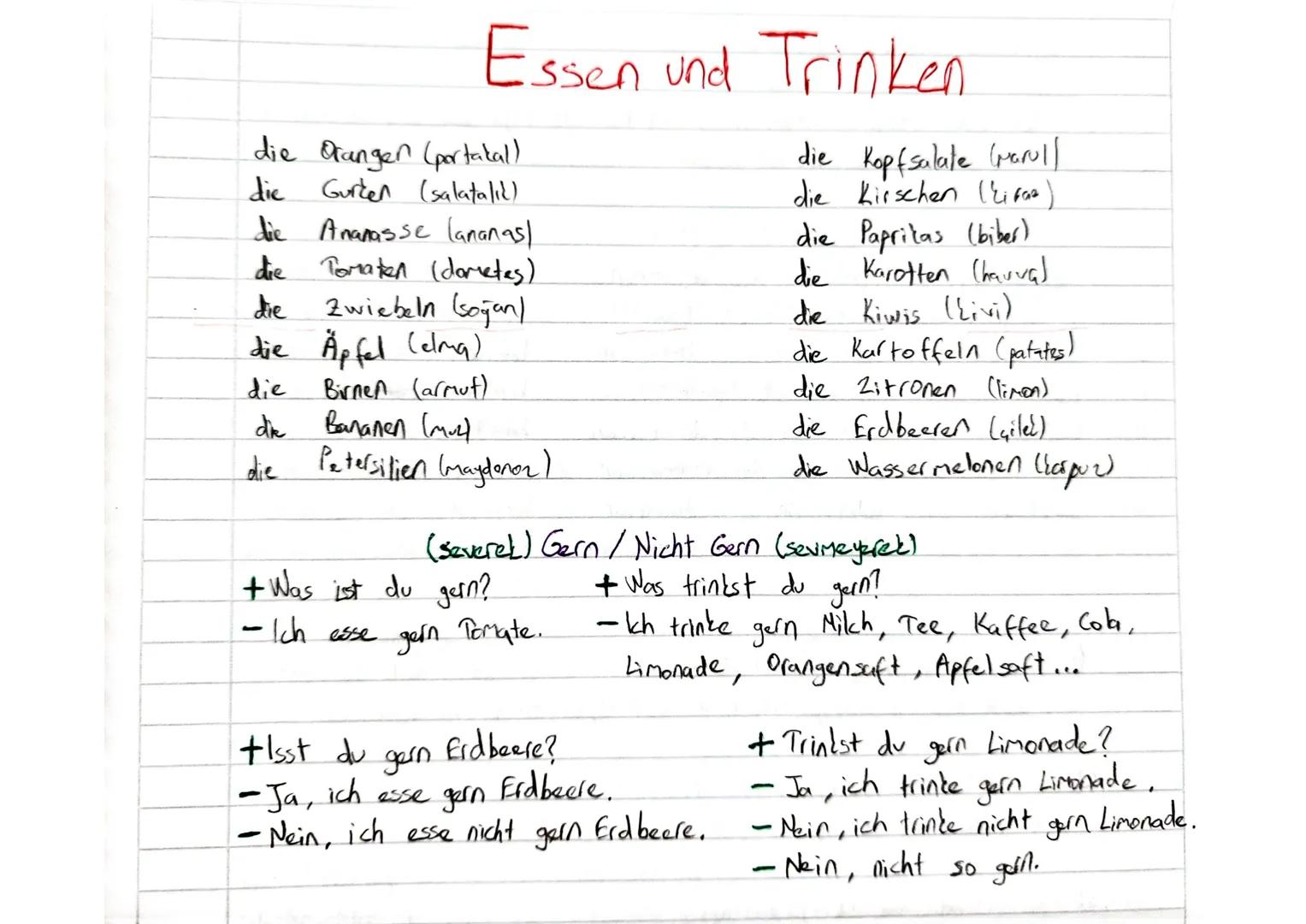 # Essen und Trinken

die Orangen (portakall
die Gurten (salatalık)
die Ananasse lananas)
die Tomaten (dometes)
die Zwiebeln (soğan)
die Äpfe