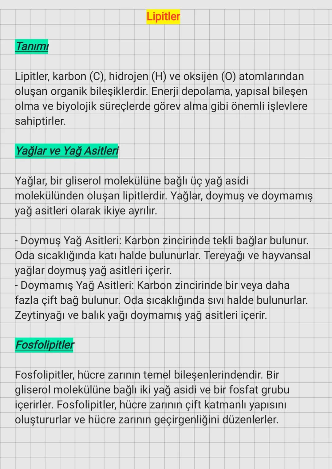 Lipitler
Tanımı
Lipitler, karbon (C), hidrojen (H) ve oksijen (O) atomlarından
oluşan organik bileşiklerdir. Enerji depolama, yapısal bileşe