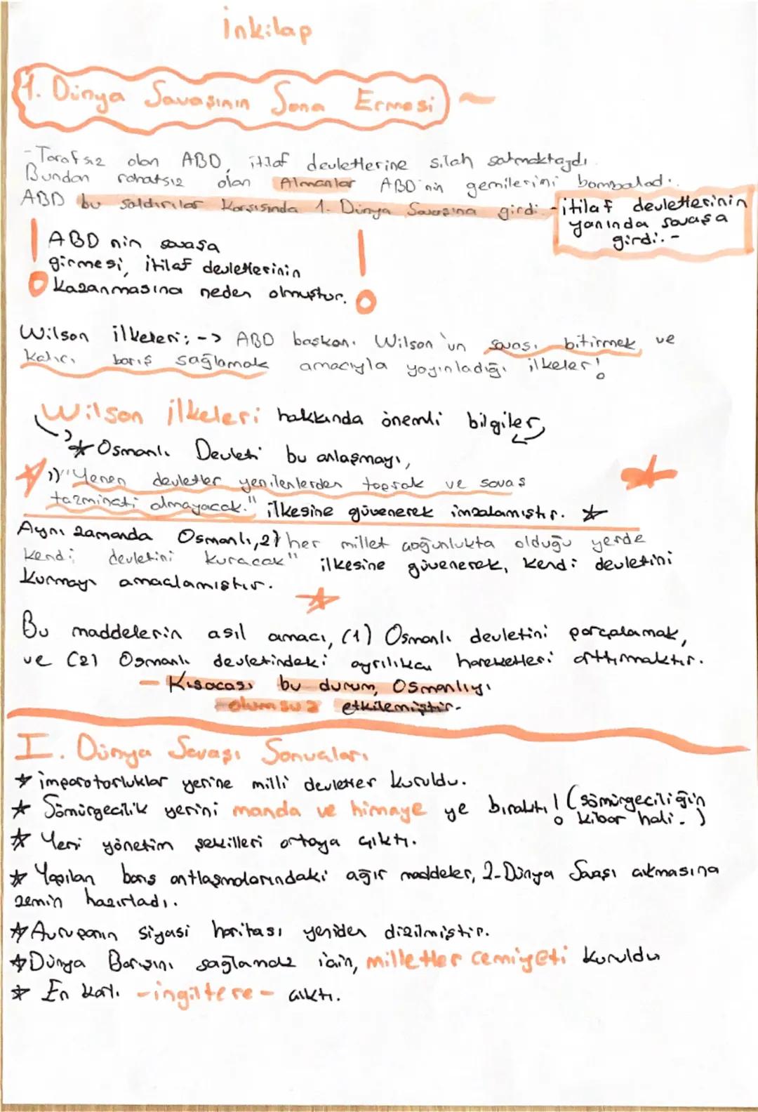 8. Sınıf İnkilap Mondors Ateşkes Antlaşması, Wilson İlkeleri,1. Dünya Savaşı Sonuçları