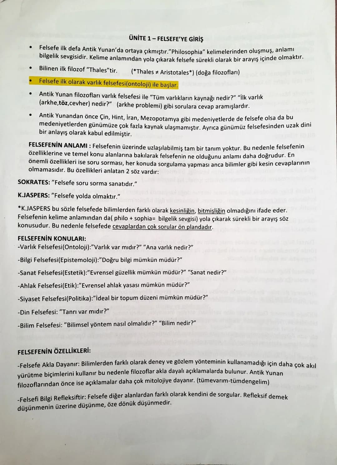 •
•
ÜNİTE 1 - FELSEFE'YE GİRİŞ
Felsefe ilk defa Antik Yunan'da ortaya çıkmıştır."Philosophia” kelimelerinden oluşmuş, anlamı
bilgelik sevgis