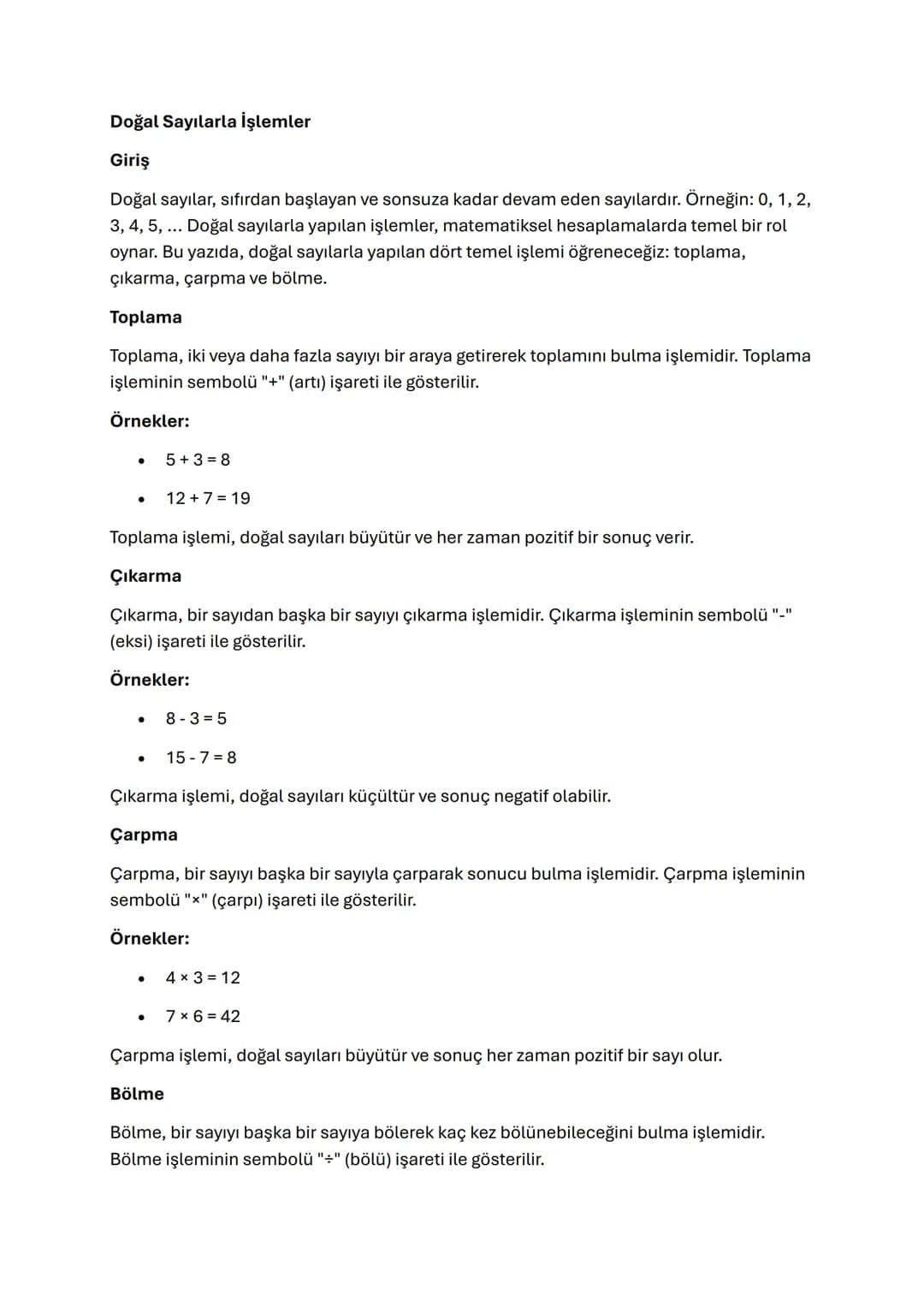 Doğal Sayılarla İşlemler
Giriş
Doğal sayılar, sıfırdan başlayan ve sonsuza kadar devam eden sayılardır. Örneğin: 0, 1, 2,
3, 4, 5, ... Doğal