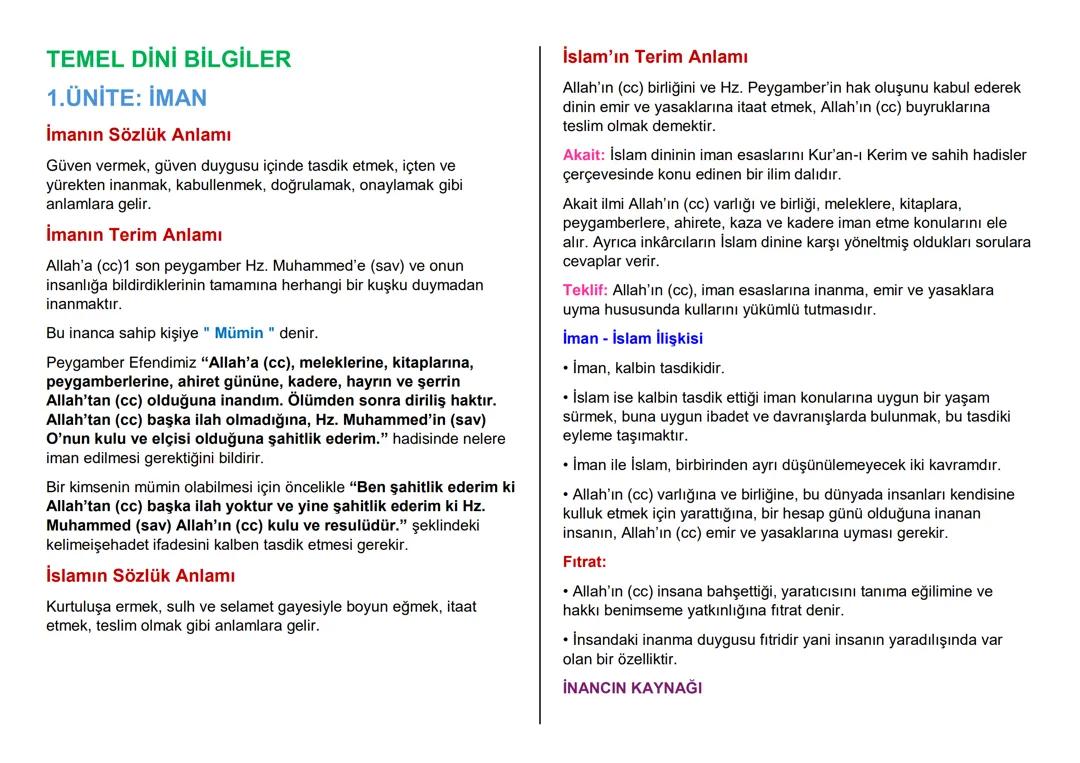 Lise İslam 2: Temel Dini Bilgiler - Ders Notları