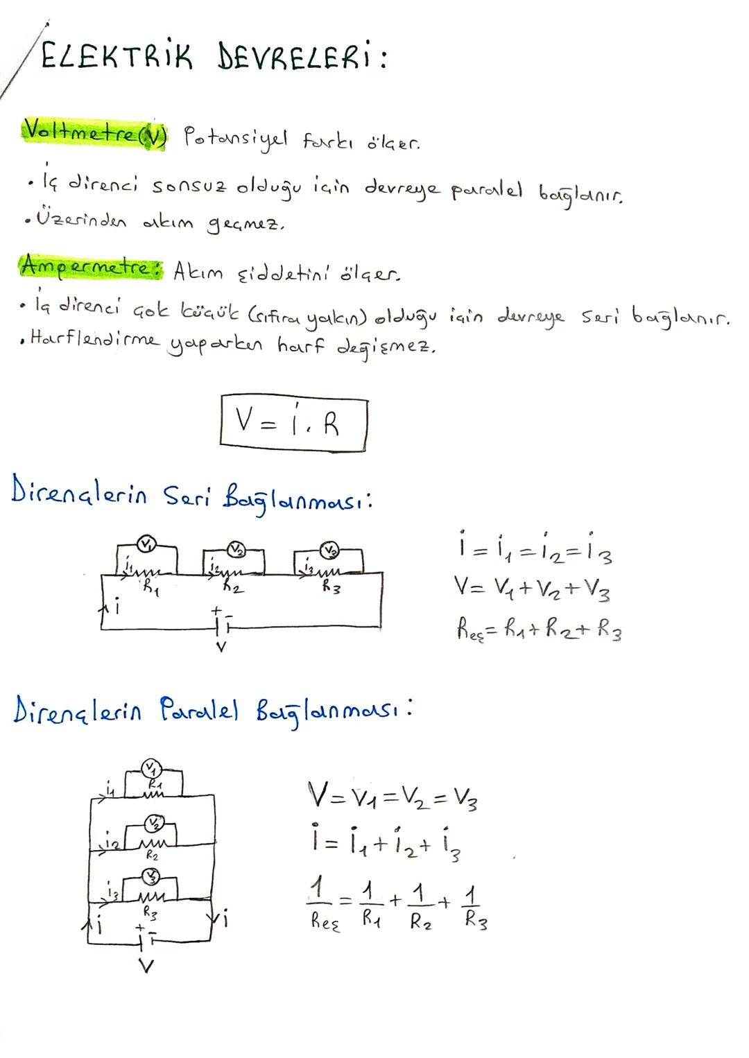 # ELEKTRİK DEVRELERİ:

Voltmetre(V) Potansiyel farkı ölçer.

• İç direnci sonsuz olduğu için devreye paralel bağlanır.

• Üzerinden akım geç
