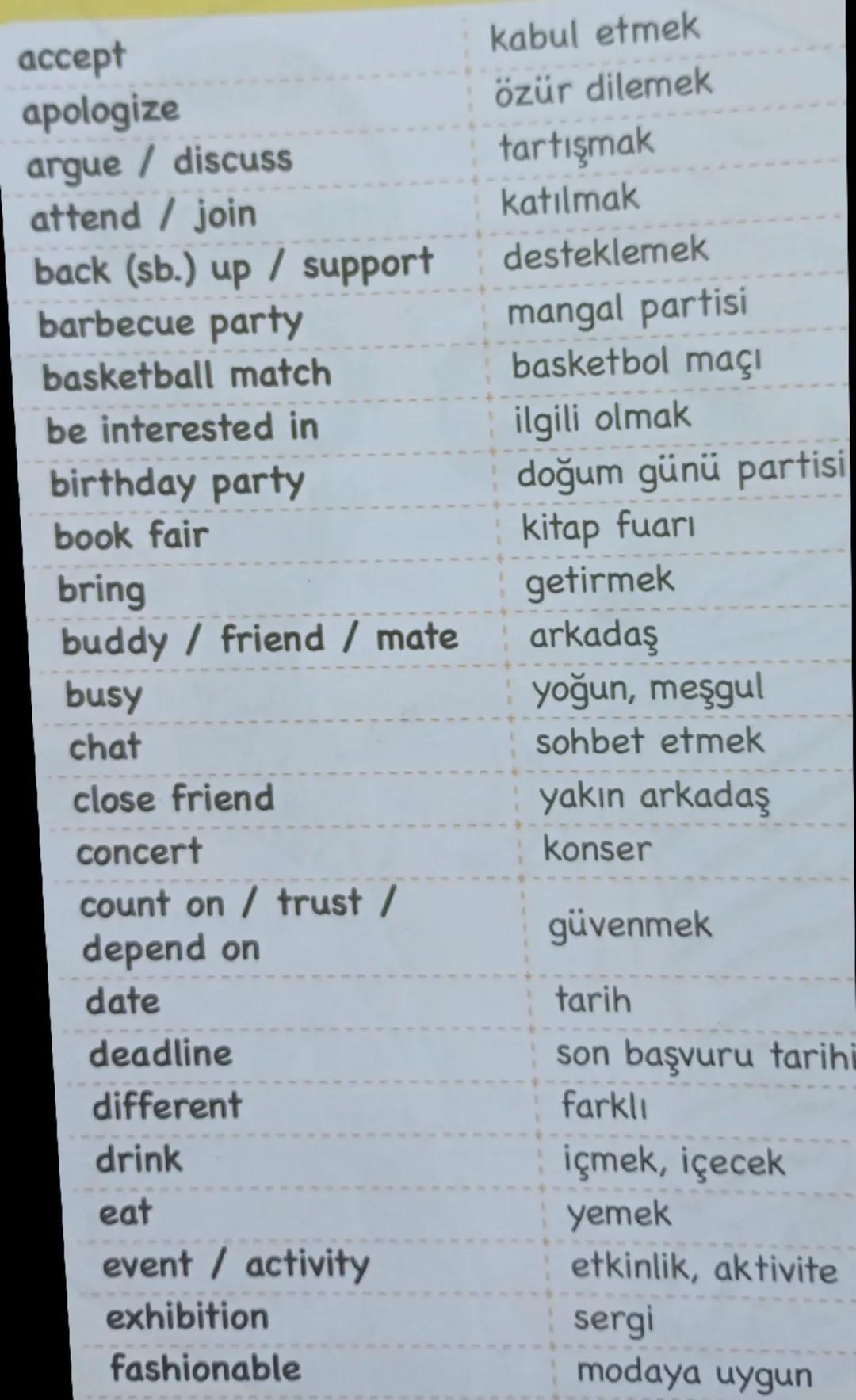 accept
apologize
argue / discuss
attend / join
back (sb.) up/support
barbecue party
basketball match
be interested in
birthday party
kabul e