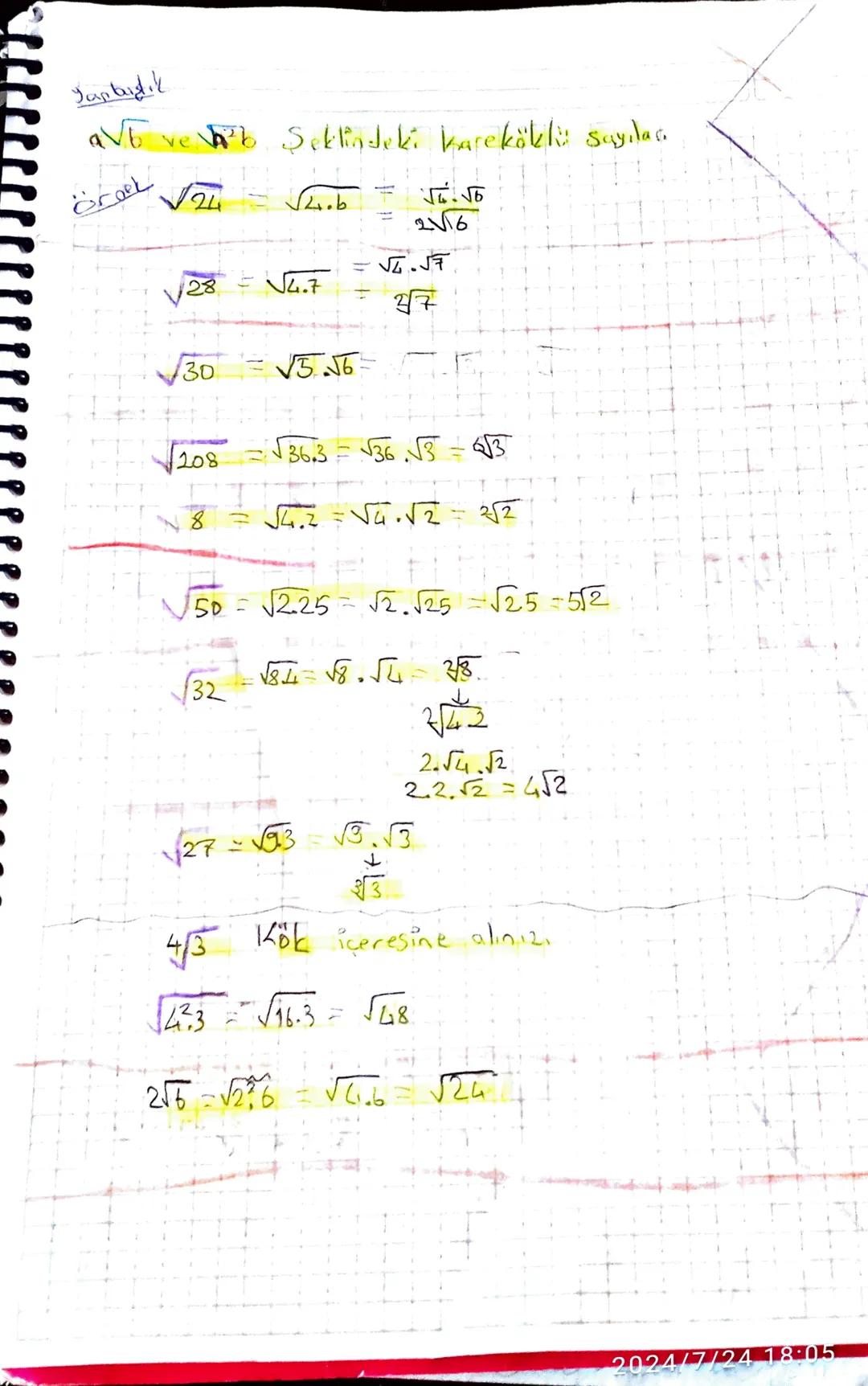 KAREKÖKLÜ İFADELER.
④Verilen bir sayının hangi, Sayının karesi olduğunu bulma
işlemi Kare kök alma işlemidi
Karekök Sembola ile gösterilir K