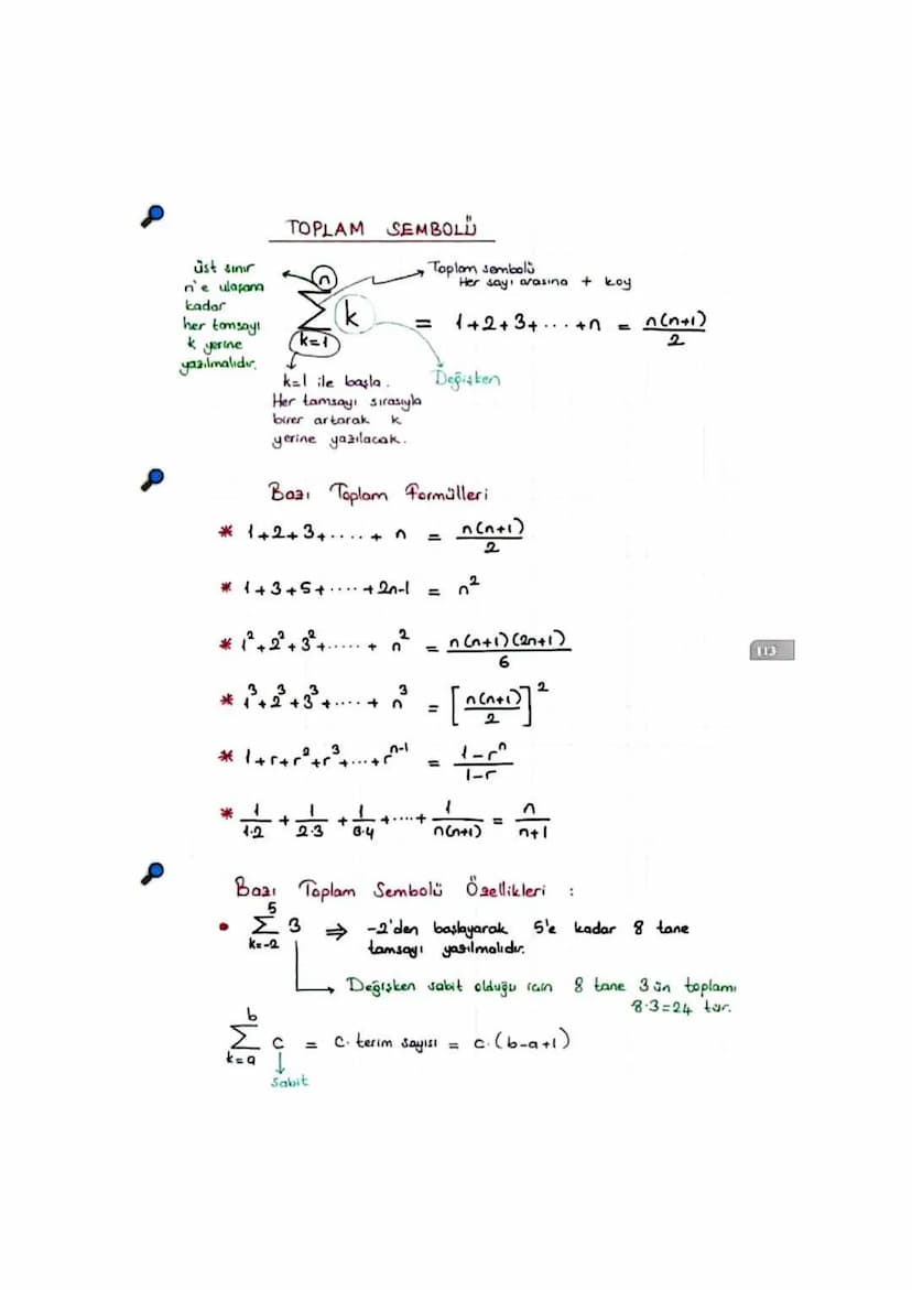 üst sınır
n'e ulaşana
TOPLAM SEMBOLÜ
Toplam sembolü
Her sayı arasına + koy
kadar
her tamsayı
k
=
1+ 2+ 3+...+n n(n+1)
=
k
k=1
2
yerine
yazıl