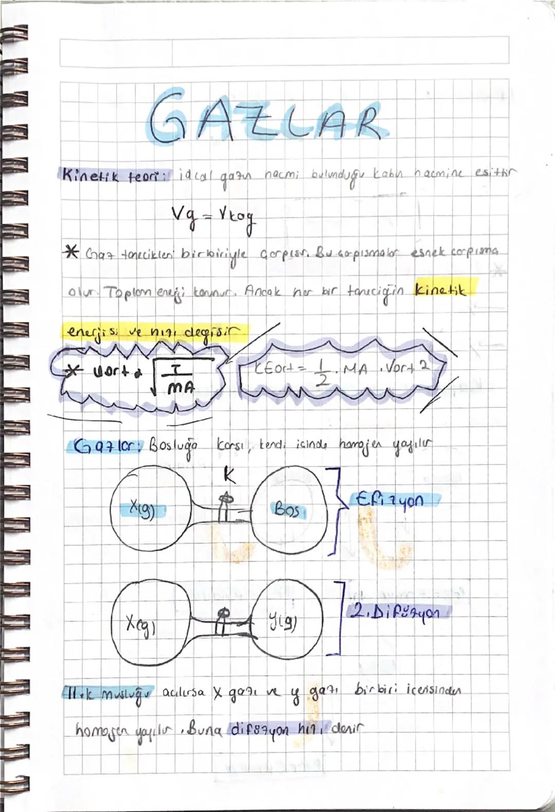 # GAZLAR

Kinetik teori: idcal gazun пасті bulunduğu kabh hacmine esittir

Vg = Vtog

* Gaz toneciklen bir biriyle corpior. Bu çapısmalor es