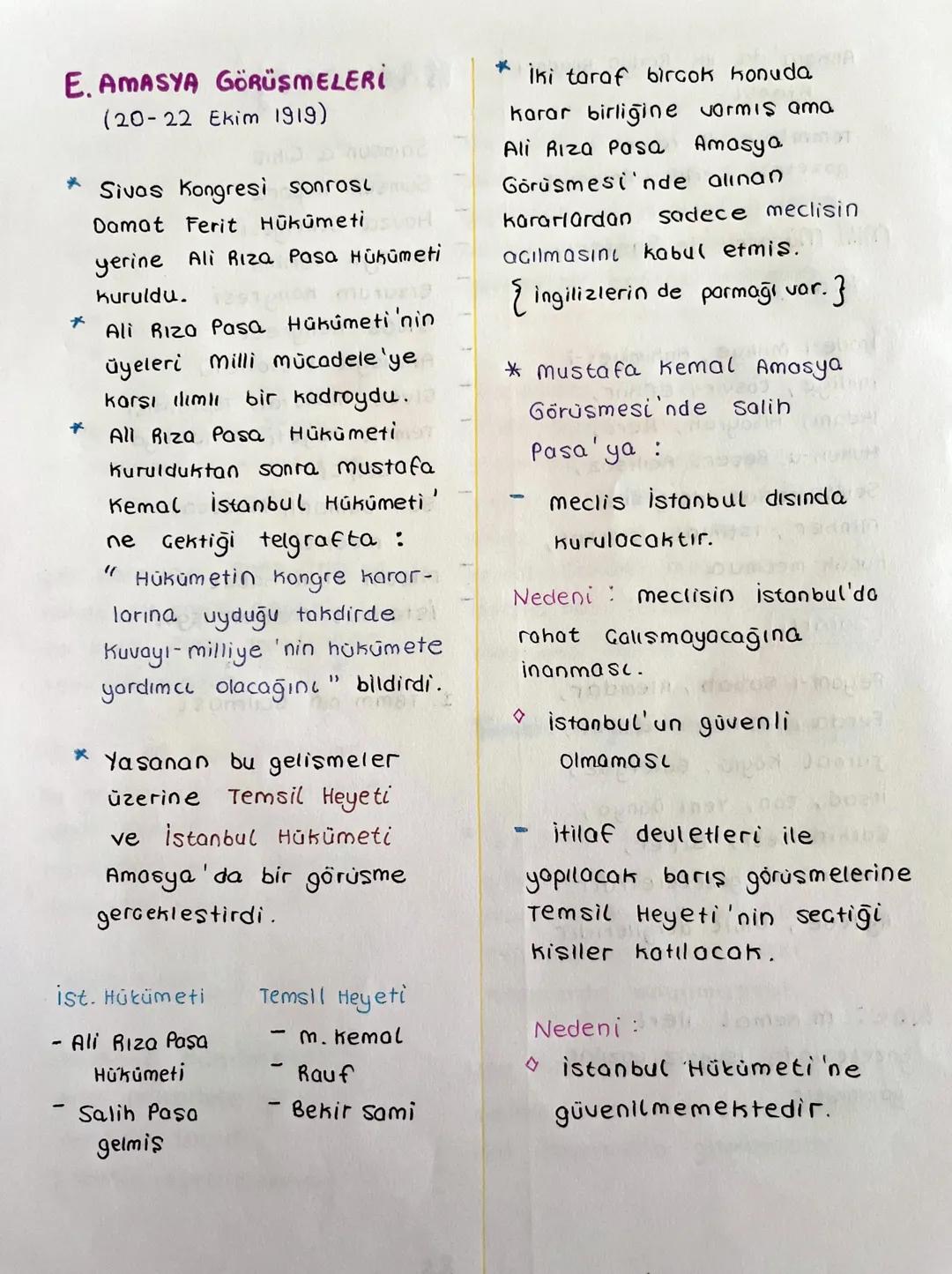 # E. AMASYA GÖRÜŞMELERİ
(20-22 Ekim 1919)

* Sivas Kongresi sonrosi
Damat Ferit Hükümeti
yerine Ali Rıza Pasa Hükümeti
*
*
kuruldu.
Ali Rıza