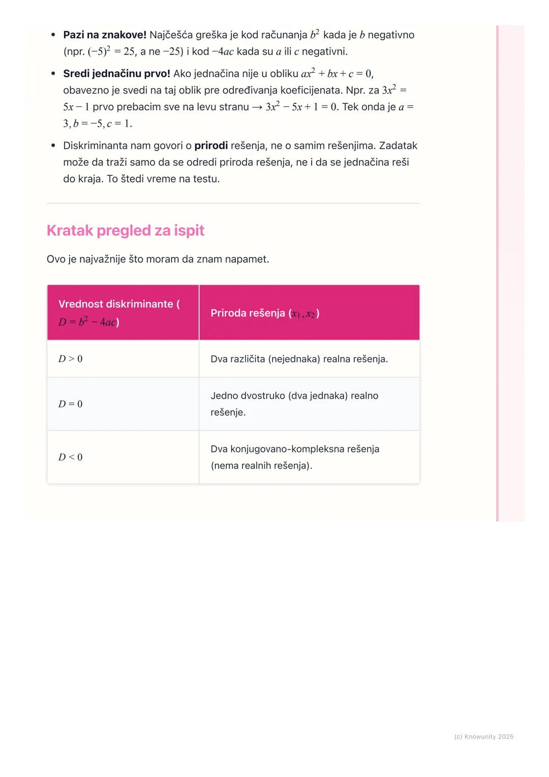 # Diskriminanta i priroda rešenja

Uvod u diskriminantu

Kvadratna jednačina je oblika $ax²+bx+c=0$. Već znamo formulu za njeno
rešavanje: $