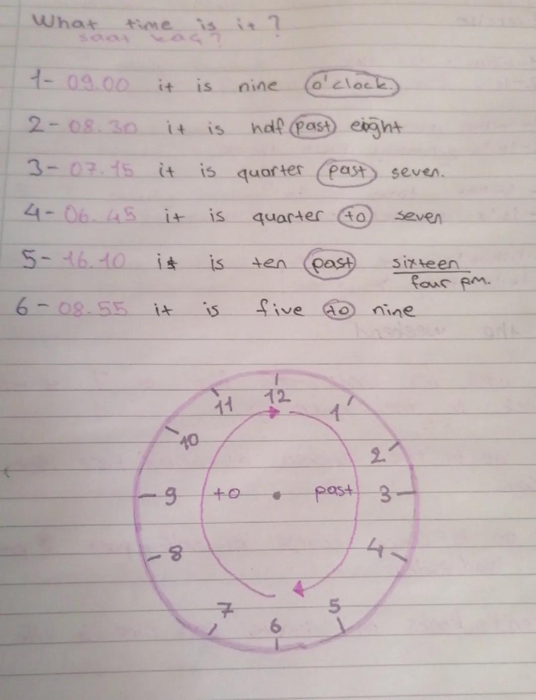 What time is it?
saat kaç?
1- 09.00 it is nine o'clock.
2- 08.30 it is holf past eight
3- 07.15 it is quarter past seven.
4- 06.45 it is qua