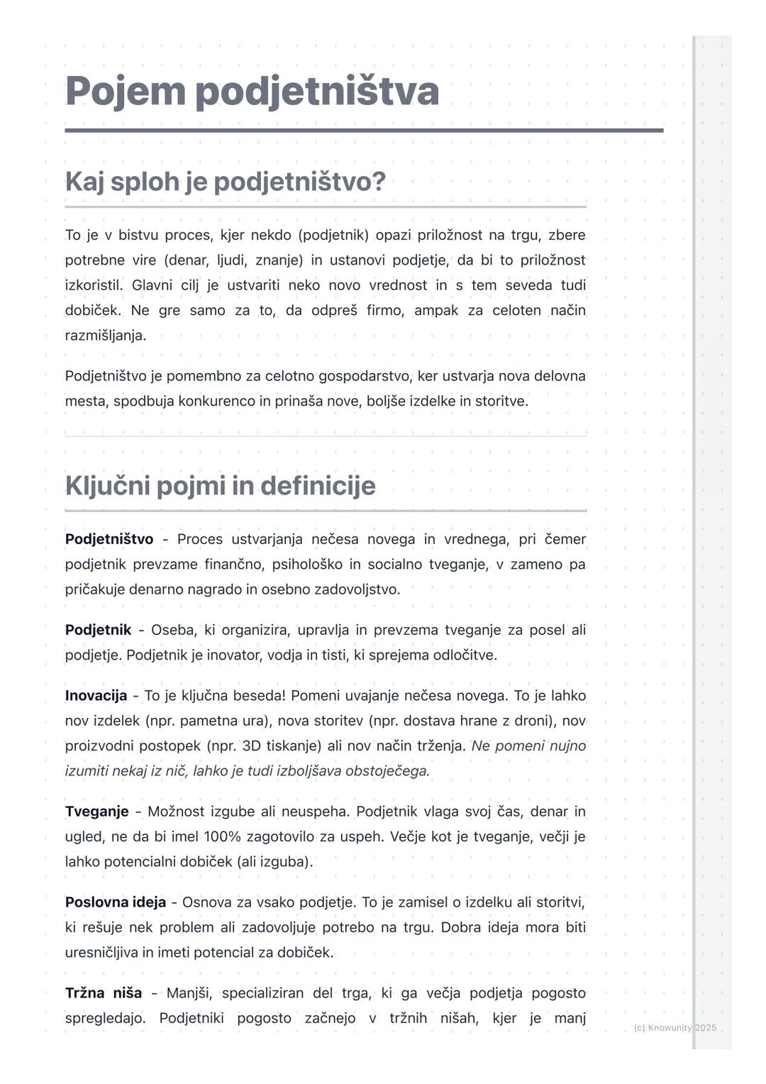 # Pojem podjetništva

Kaj sploh je podjetništvo?

To je v bistvu proces, kjer nekdo (podjetnik) opazi priložnost na trgu, zbere
potrebne vir