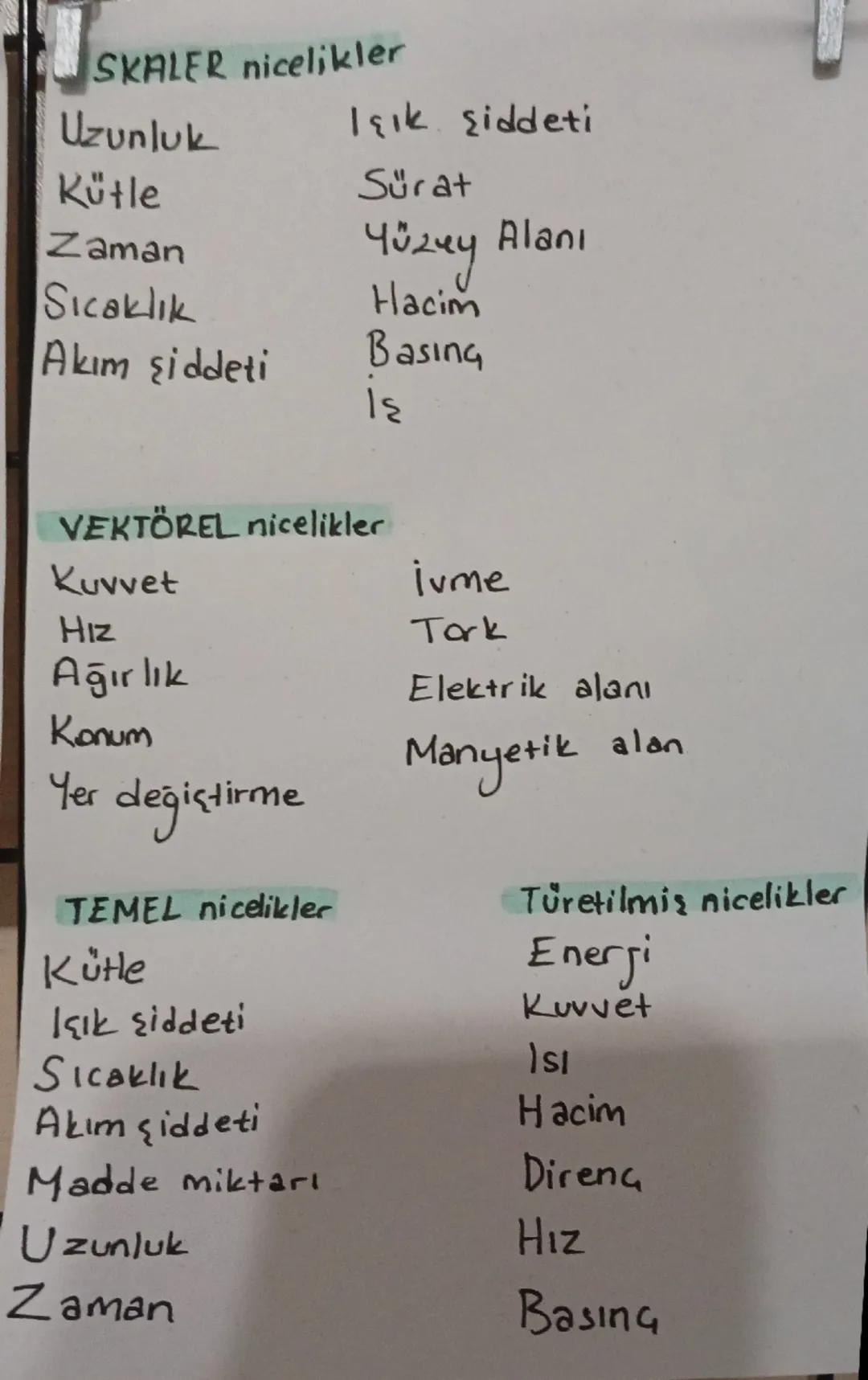 Uzunluk
Kütle
SKALER nicelikler
Işık şiddeti
Sürat
Zaman
Yüzey
Alanı
Sıcaklık
Hacim
Akım şiddeti
Basing
VEKTÖREL nicelikler
Kuvvet
Hiz
Ağırl