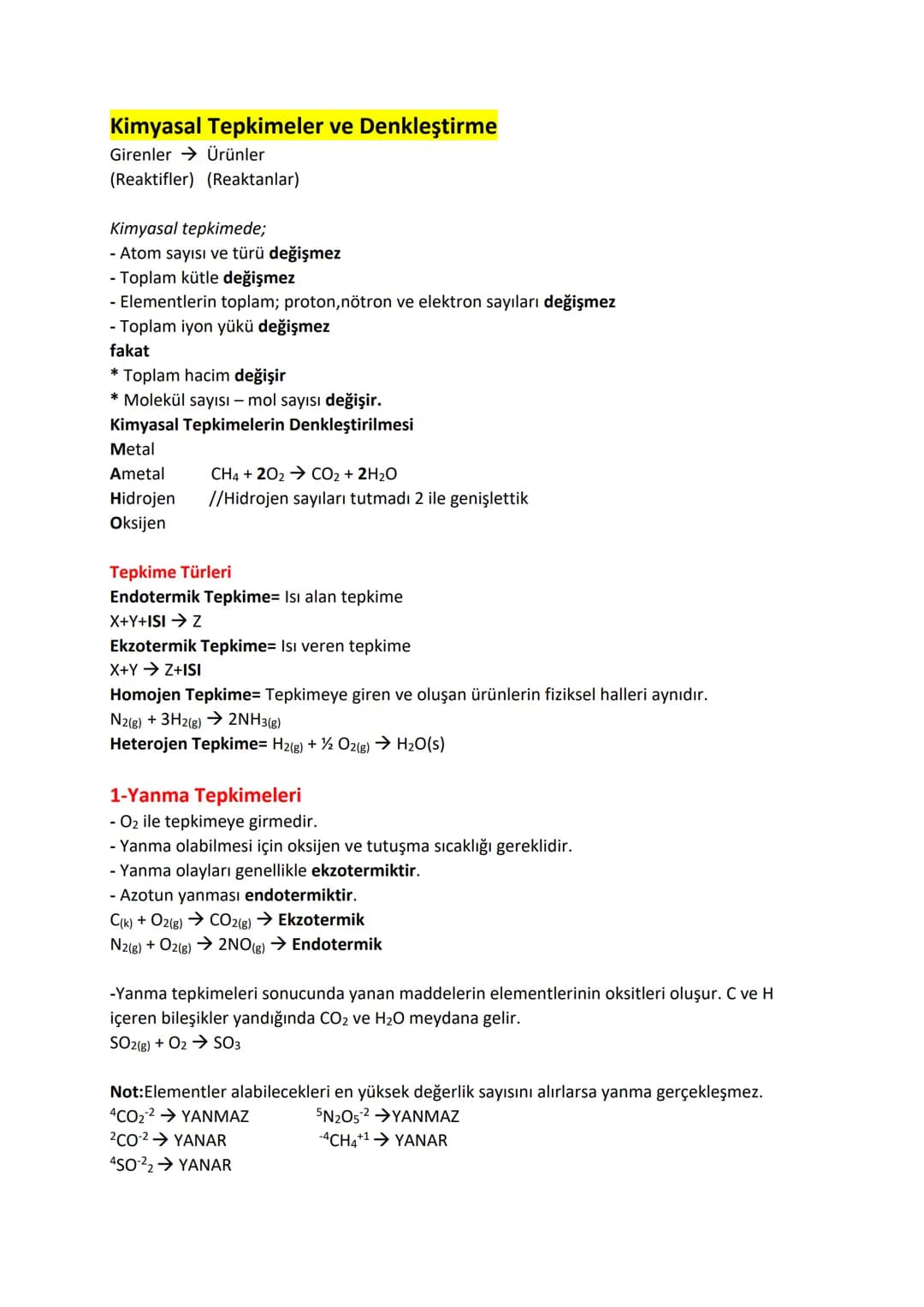 Kimyasal Tepkimeler ve Denkleştirme
Girenler Ürünler
(Reaktifler) (Reaktanlar)
Kimyasal tepkimede;
- Atom sayısı ve türü değişmez
- Toplam k