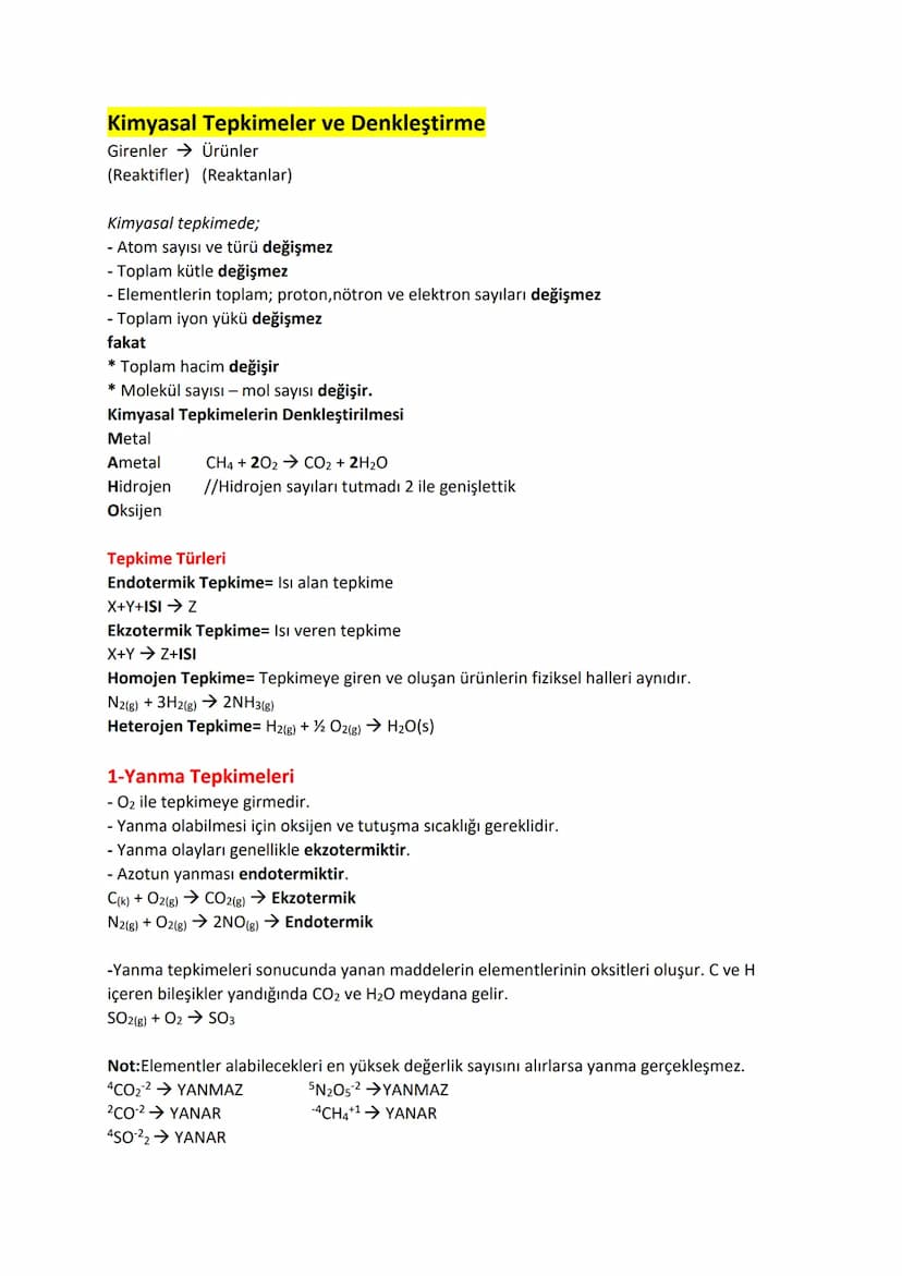 Kimyasal Tepkimeler ve Denkleştirme
Girenler Ürünler
(Reaktifler) (Reaktanlar)
Kimyasal tepkimede;
- Atom sayısı ve türü değişmez
- Toplam k