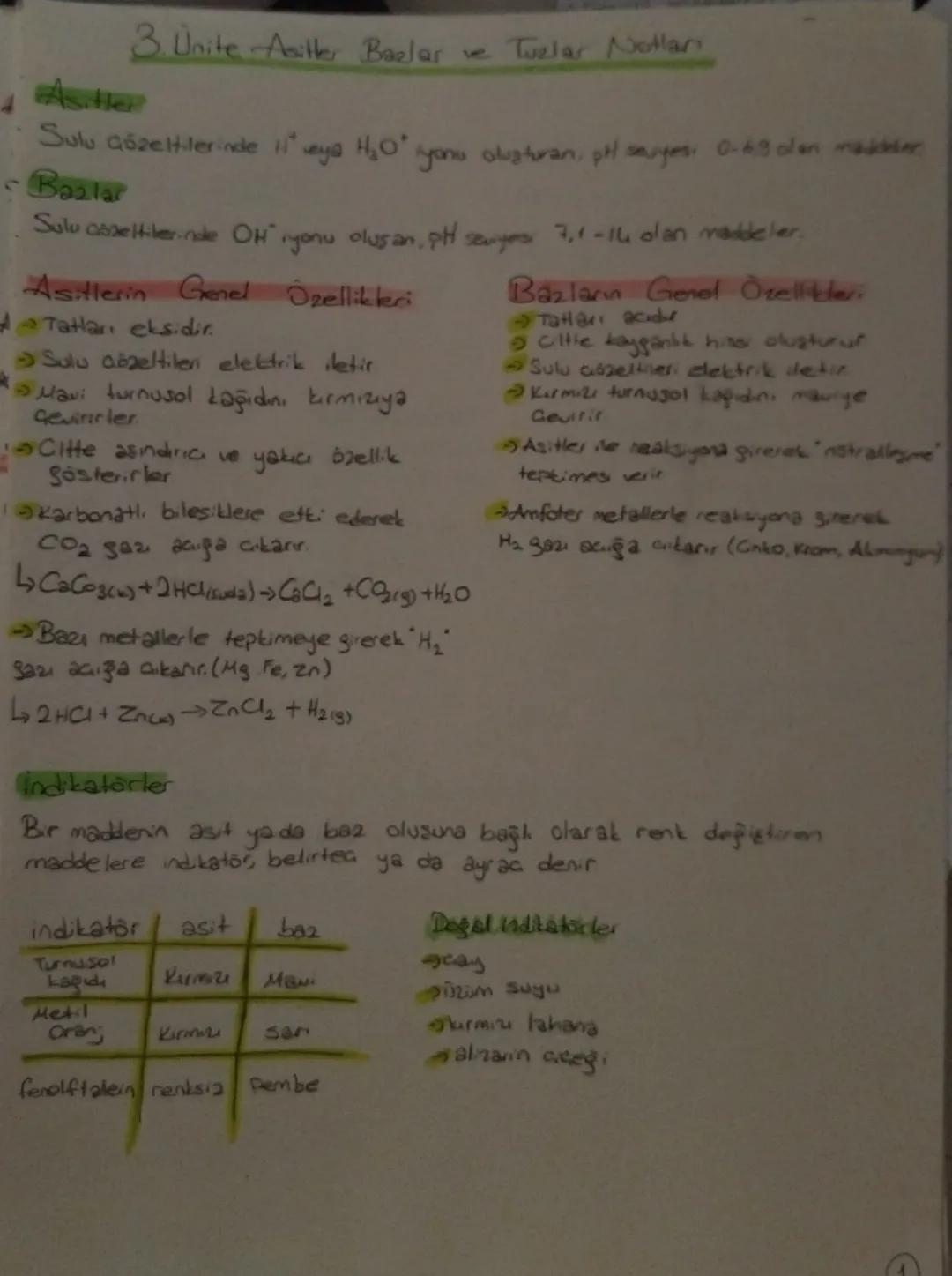 3. Ünite Asitler Bazlar ve Tuzlar Notları

Asitler
Sulu çözeltilerinde H+ veya H3O+ iyonu oluşturan, pH sayısı 0-6,9 dan maddeler
Bazlar
Sul