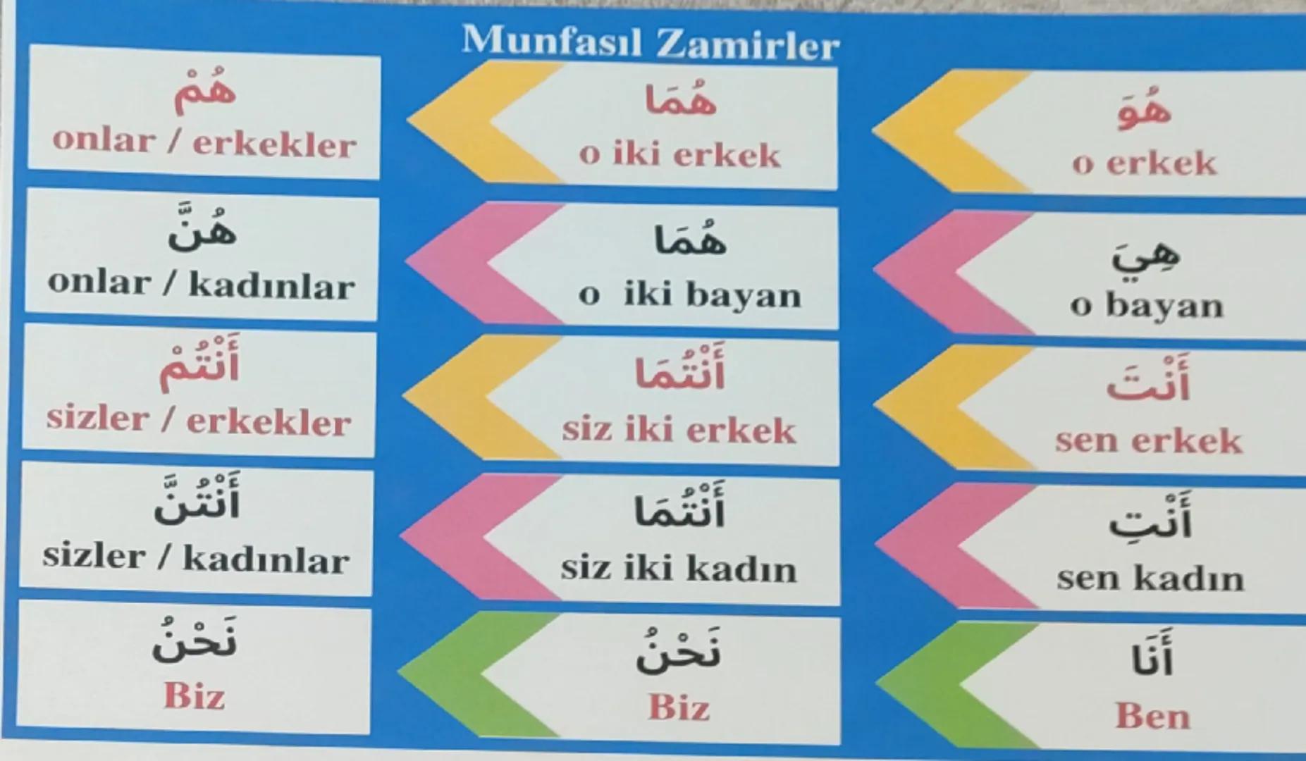هُوَ
Munfasil Zamirler
هُمَا
هُمْ
onlar / erkekler
o iki erkek
o erkek
هِيَ
هُمَا
هُنَّ
onlar / kadınlar
o iki bayan
o bayan
أَنْتَ
أَنْتُمَ
