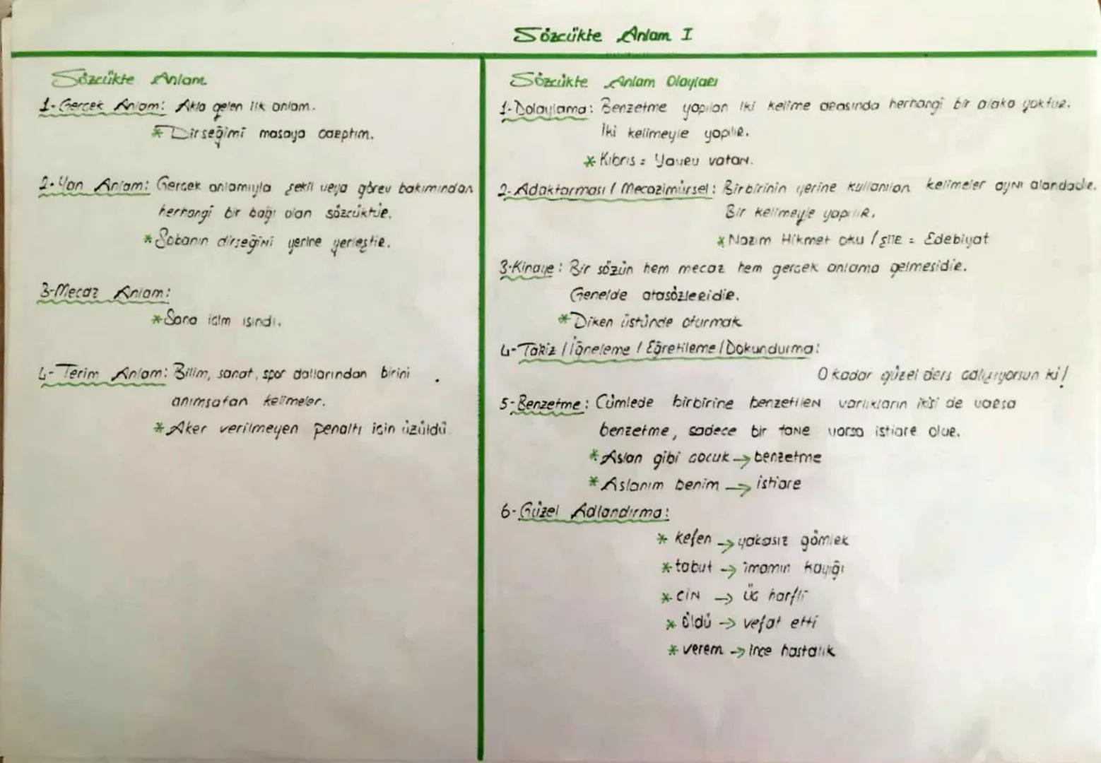 Sözcükte Anlam
1- Gercek Anlam: Akla gelen lik anlam.
*Dirseğimi masaya coeptim.
2-Yon Anlam: Gercek anlamıyla şekil veya görev bakımından
h