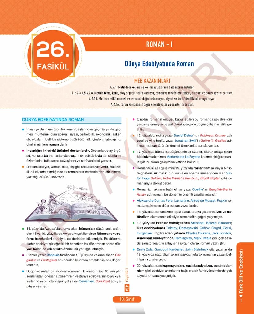 # 26.
FASİKÜL
ROMAN - I
Dünya Edebiyatında Roman
MEB KAZANIMLARI
A.2.1. Metindeki kelime ve kelime gruplarının anlamlarını belirler.
A.2.2.3