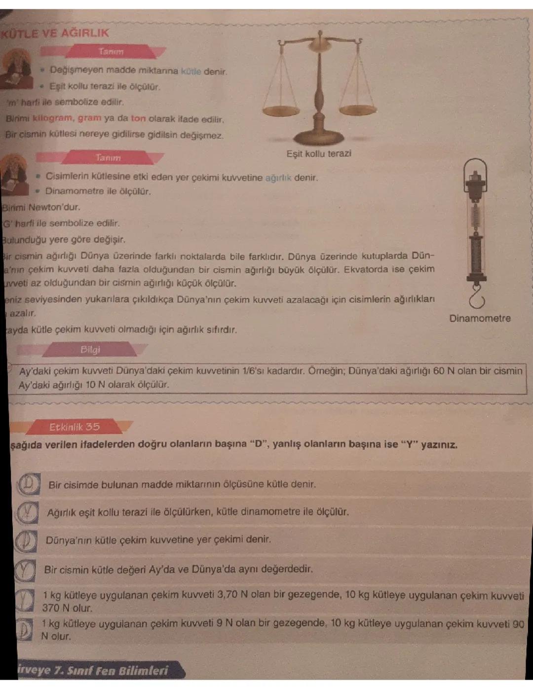 7. Sınıf fen bilimleri kütle ve ağırlık ilişkisi