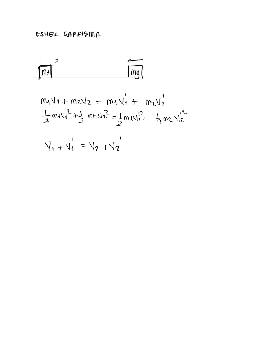 ESNEIC GARPIEMA
MA
my
m₁NA +m2v2 = m₁v₁ + m₂vi
2
12
12
1 m₁ve² + 1/1 m242² = 1 mevli²+ 1/2 m² 1/2
√₁ + √ ₁ = 1/2 + 1/2"
V₁ M
Ep
=
S
.4, ki v