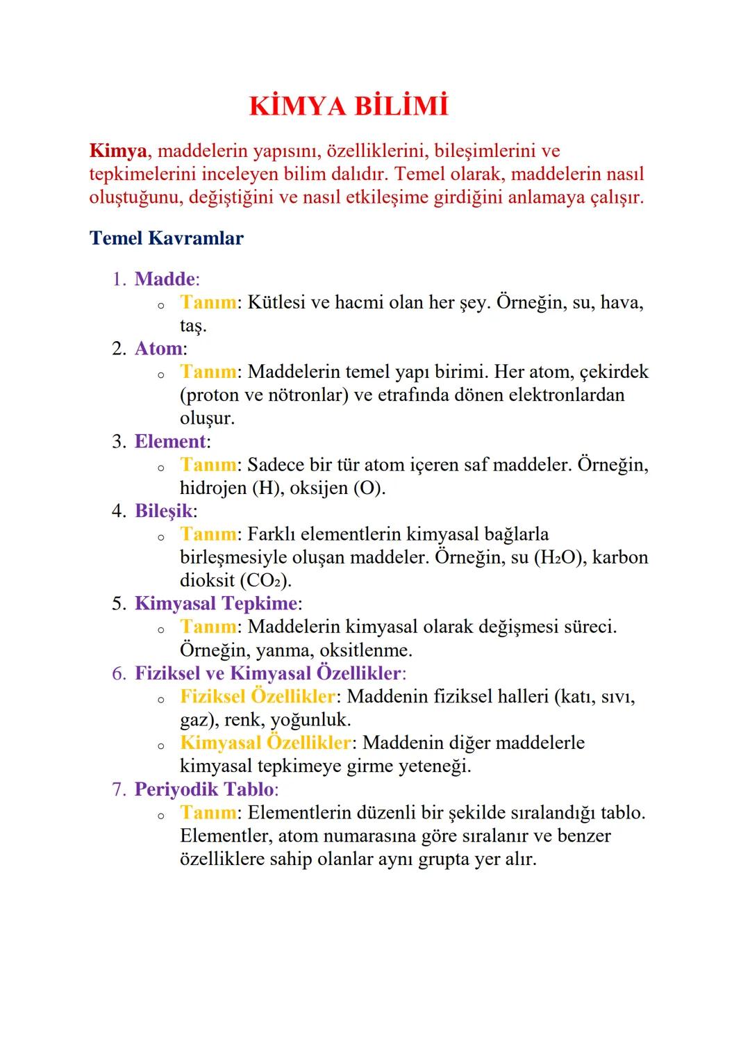 KİMYA BİLİMİ
Kimya, maddelerin yapısını, özelliklerini, bileşimlerini ve
tepkimelerini inceleyen bilim dalıdır. Temel olarak, maddelerin nas