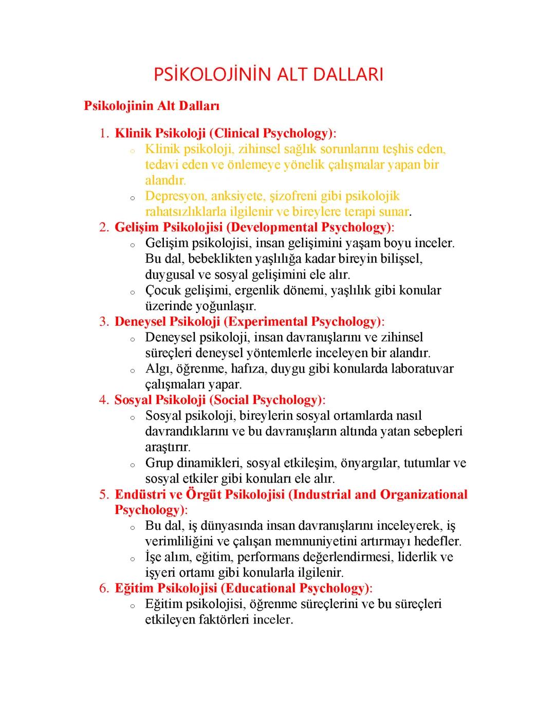 Psikoloji ve Alt Alanları