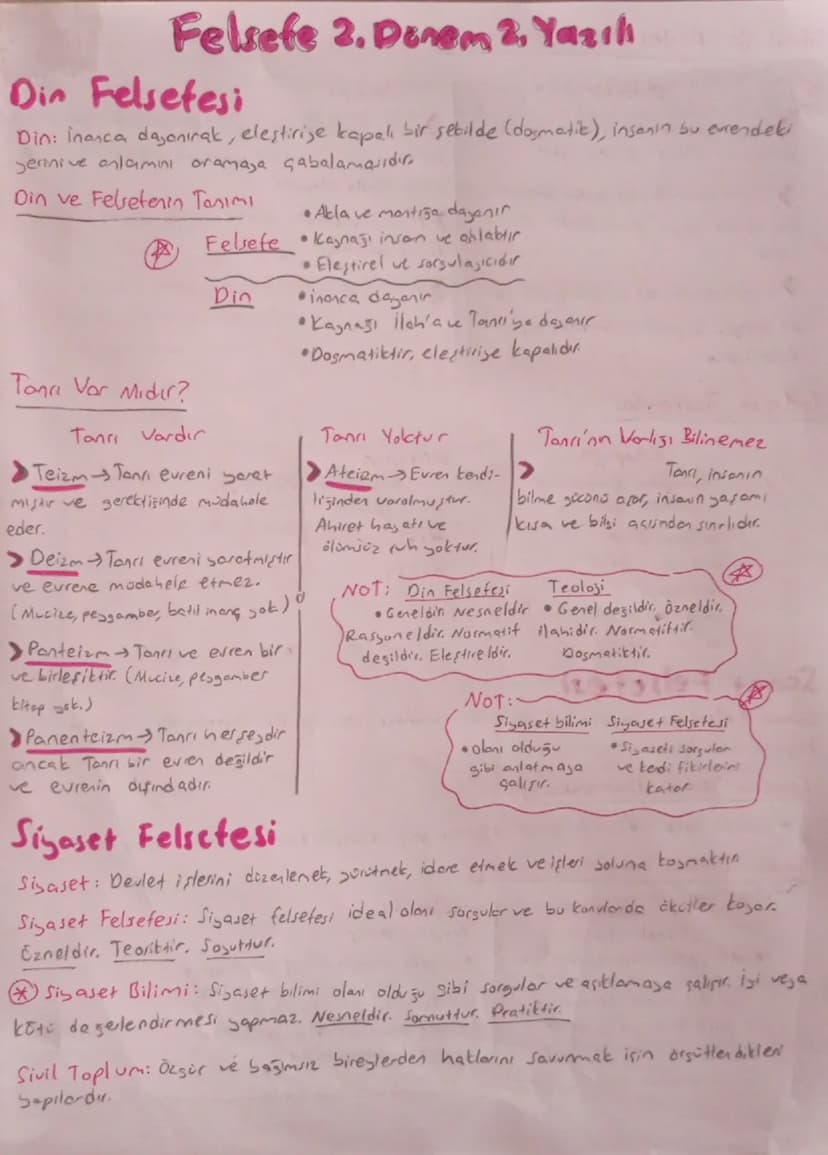 Felsefe 2. Donem 2. Yazık
Din Felsefesi
Din: İnanca dayanan, eleştiriye kapalı bir şekilde (dogmatik), insanın bu evrendeki
yerine ve anlamı